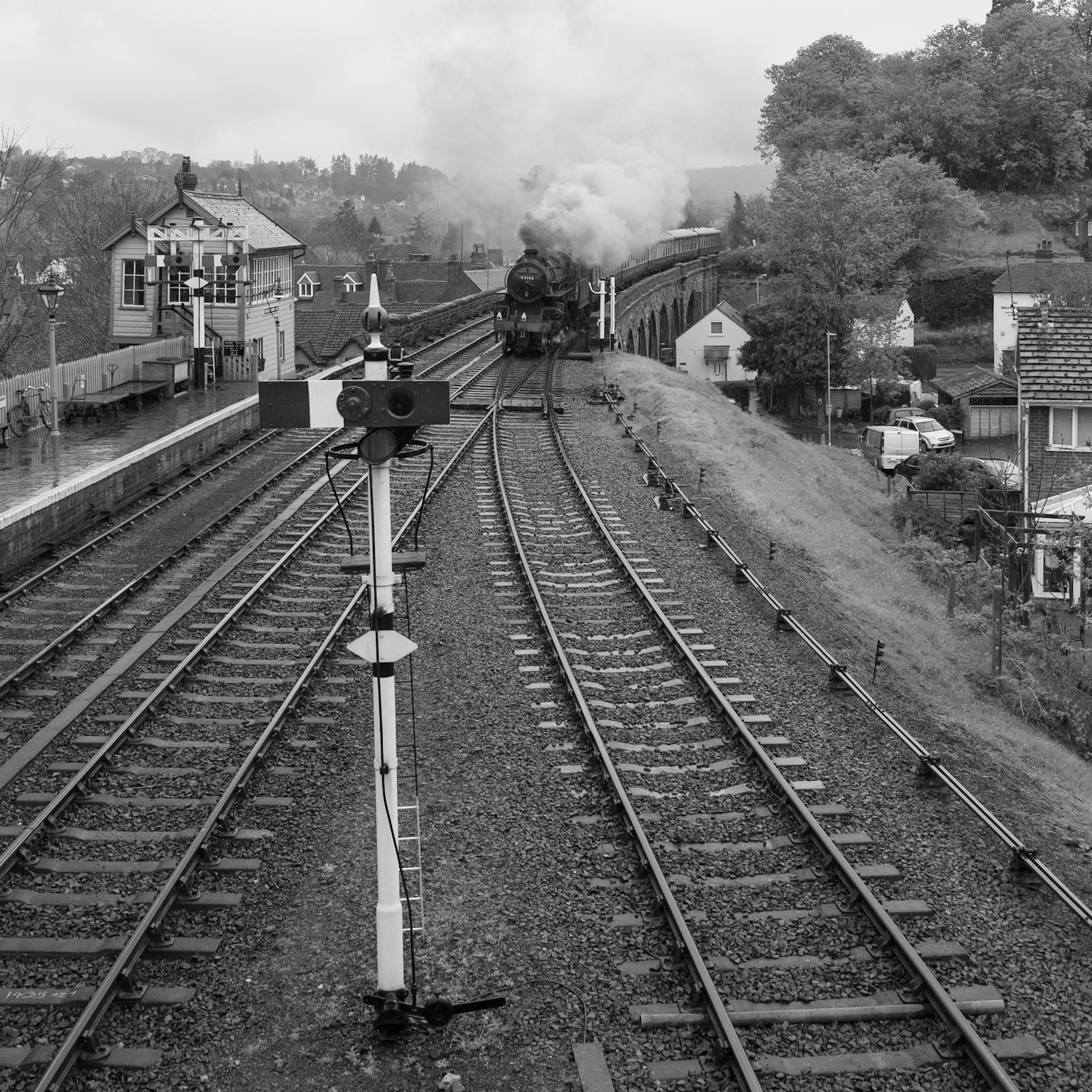 Ex-LMS no. 43106 arrives at Bewdley station on a grim April morning in 2018 with a train from Bridgnorth to Kidderminster.