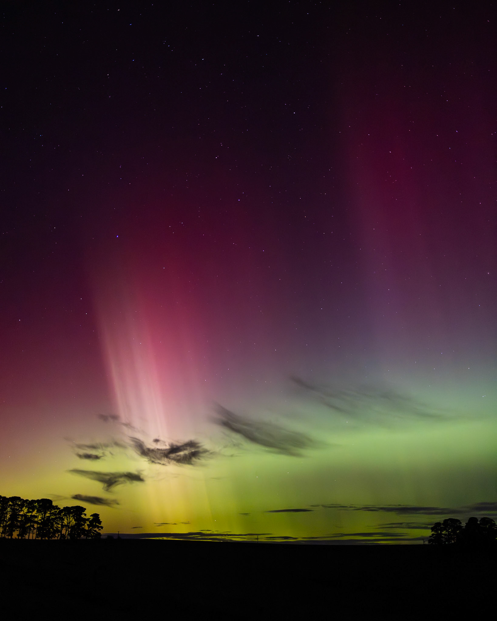 A kaleidoscope of colours lights up the sky above Gembrook during the most intense solar storm to hit Earth in 20 years.