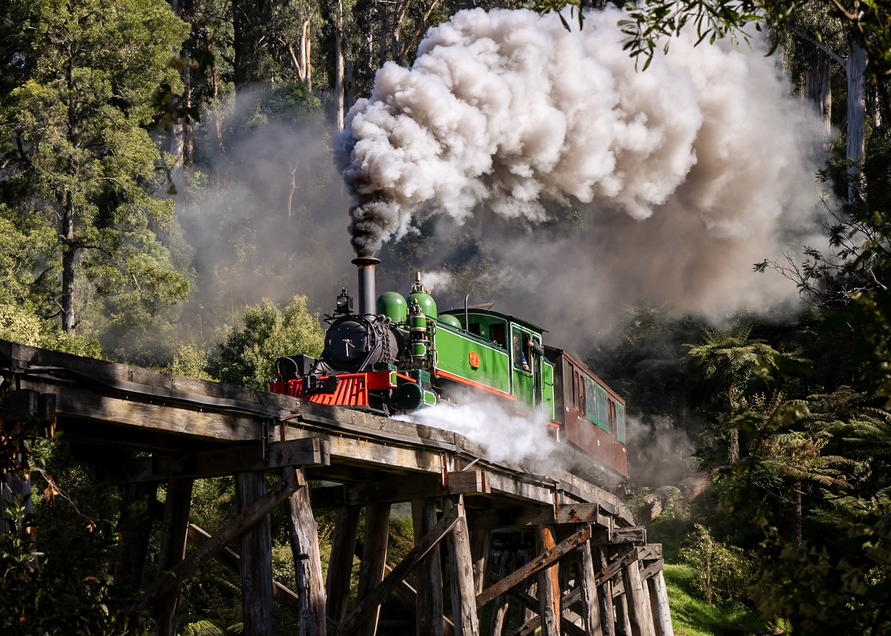 On an early morning run from Belgrave prior to its return to traffic after a protracted overhaul, 6A shoots across the Monbulk Creek trestle bridge in perfect spring sunlight.