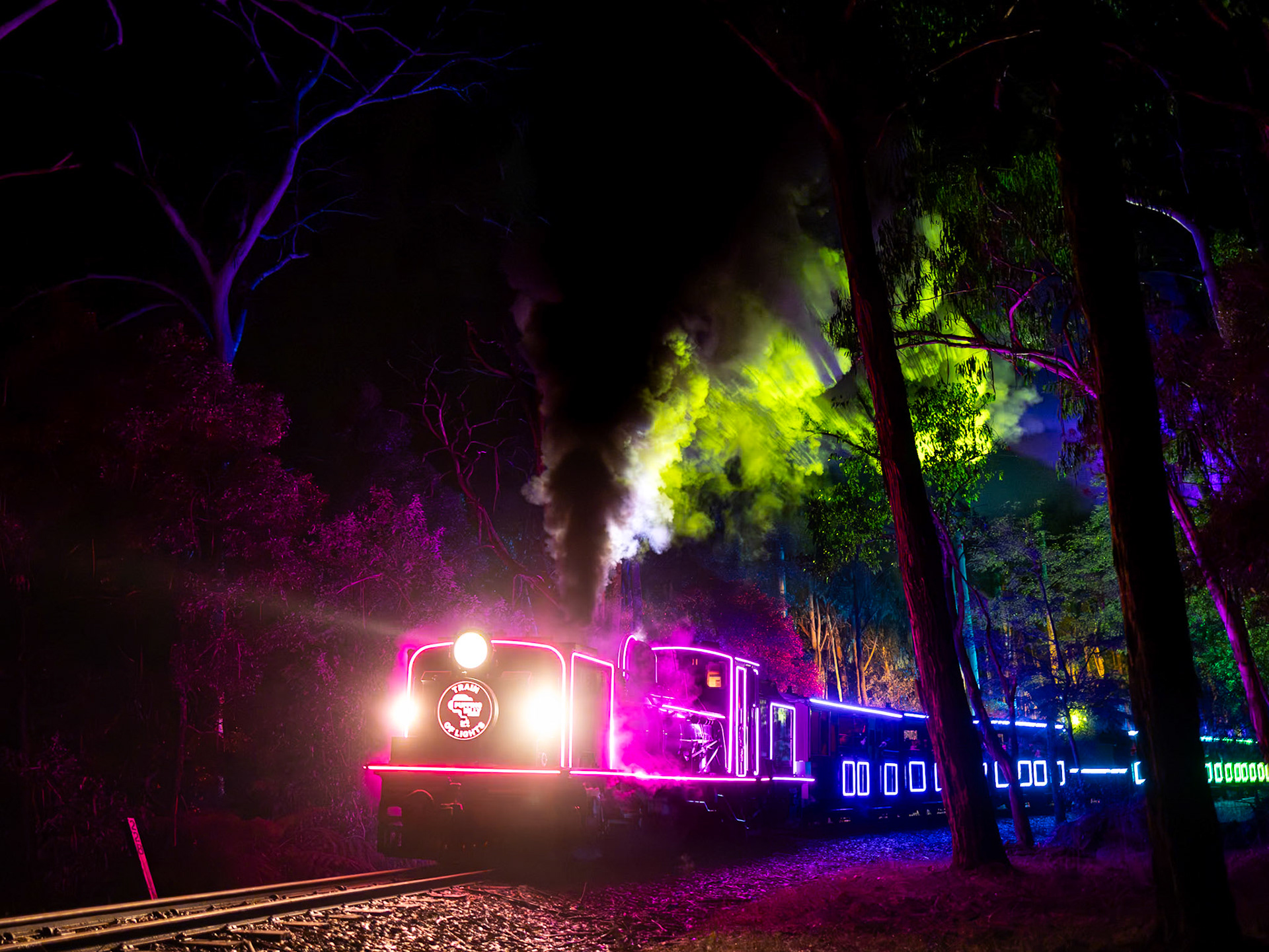 Somewhere in the depths of the forest around Fielder, ex. South African Railways NG/G16 no. 129 roars uphill towards Gembrook, with the surrounding canopy bathed in the multicoloured projections from Puffing Billy's "Train of Lights".