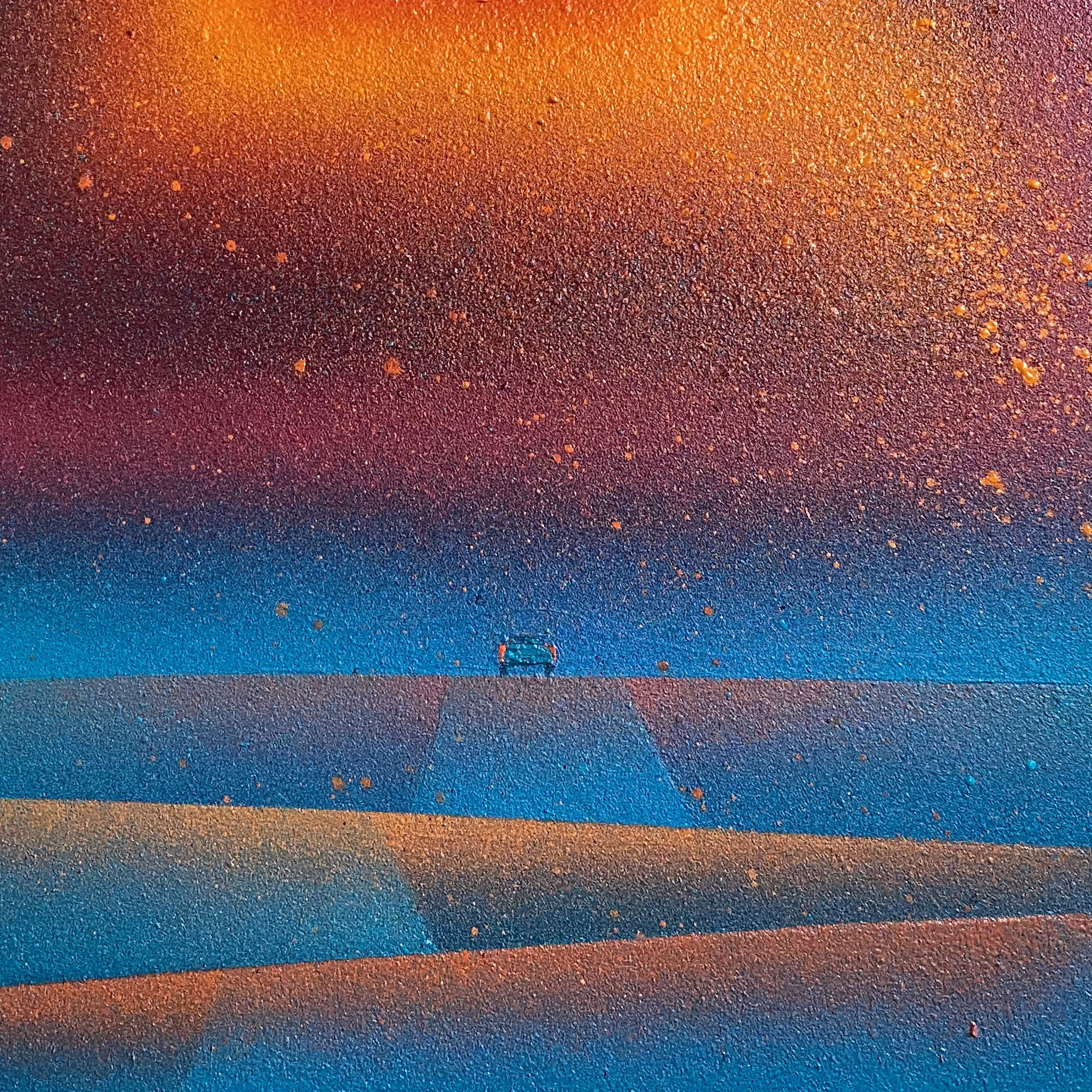 A minimalist abstract landscape oil painting by Rafał Kapica titled "A Spontaneous Trip and a Passing Comet." A tiny turquoise car drives toward a distant horizon under a dramatic gradient sky shifting from radiant orange to deep violet. The lower half features structured, geometric ridges of a nocturnal road, accented by a subtle cosmic atmosphere and fine paint splatters.