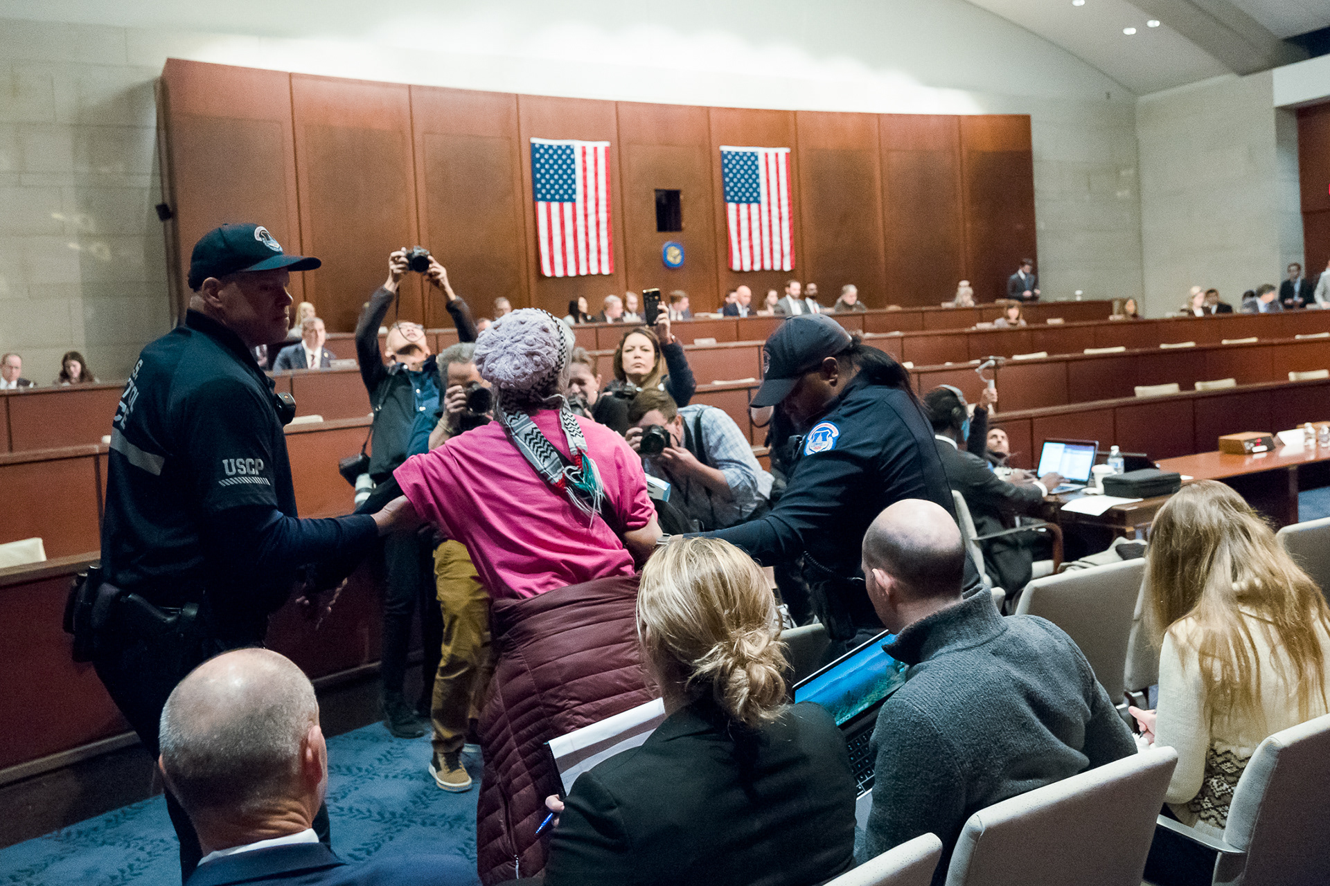Protestor interupts an UNRWA hearing on Capitol Hill January 30, 2024