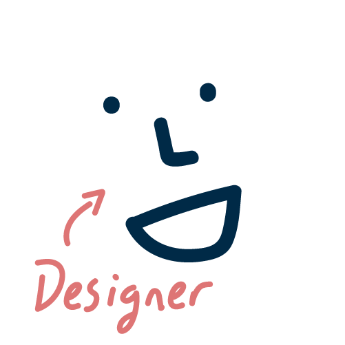 Hand drawn illustration of T2's mascot smiling with text reading "Designer" and an arrow pointing to the face
