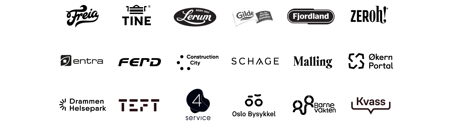 Logo of Freia, TINE, Lerum, Gilde, Fjordland, Zeroh!, Entra, Ferd, Construction City, Schage, Malling, Økern Portal, Drammen Helsepark, Teft, 4Service, Oslo Bysykkel, Barnevakten, Kvass