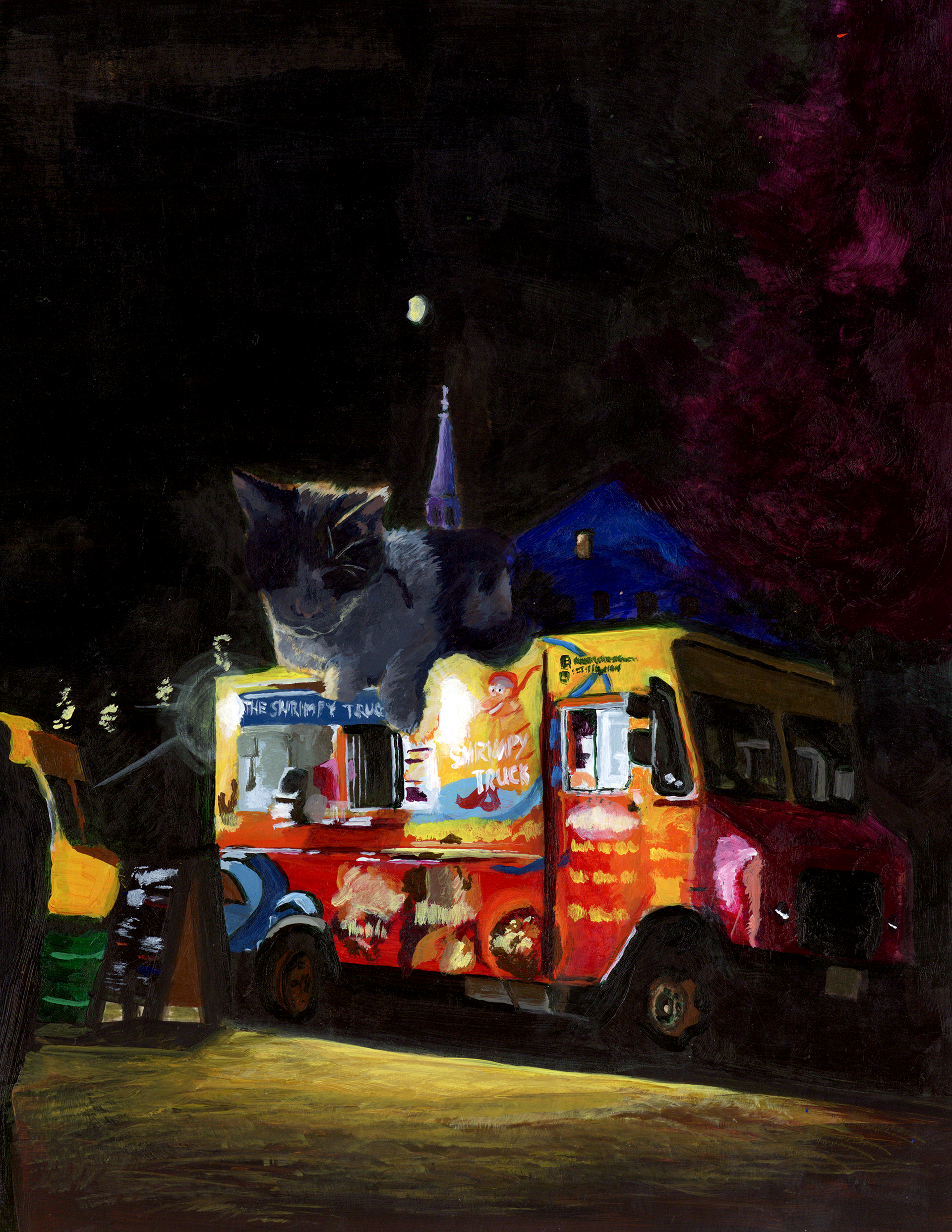 Acrylic painting of my cat sitting on top of a Shrimpy's food truck (she must be hungry…)