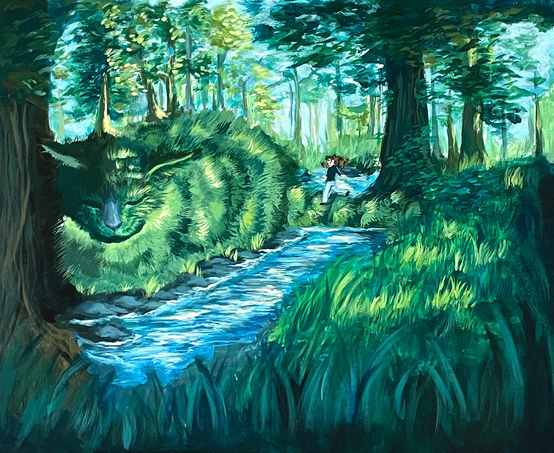 Acrylic painting of my cat as an eldritch forest creature, with me crossing her tail as a bridge.