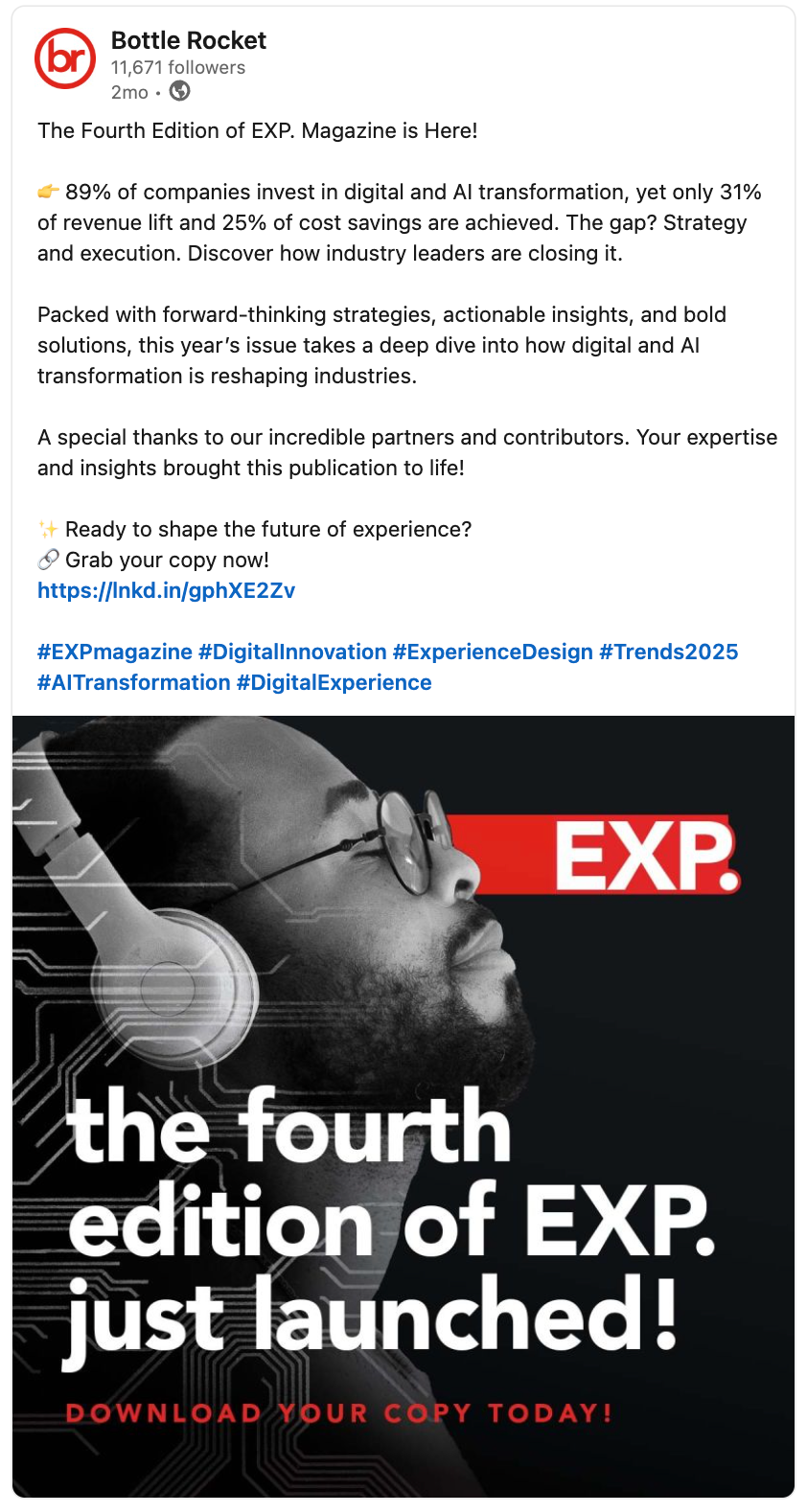 2025 EXP. Magazine publish announcement on LinkedIn.