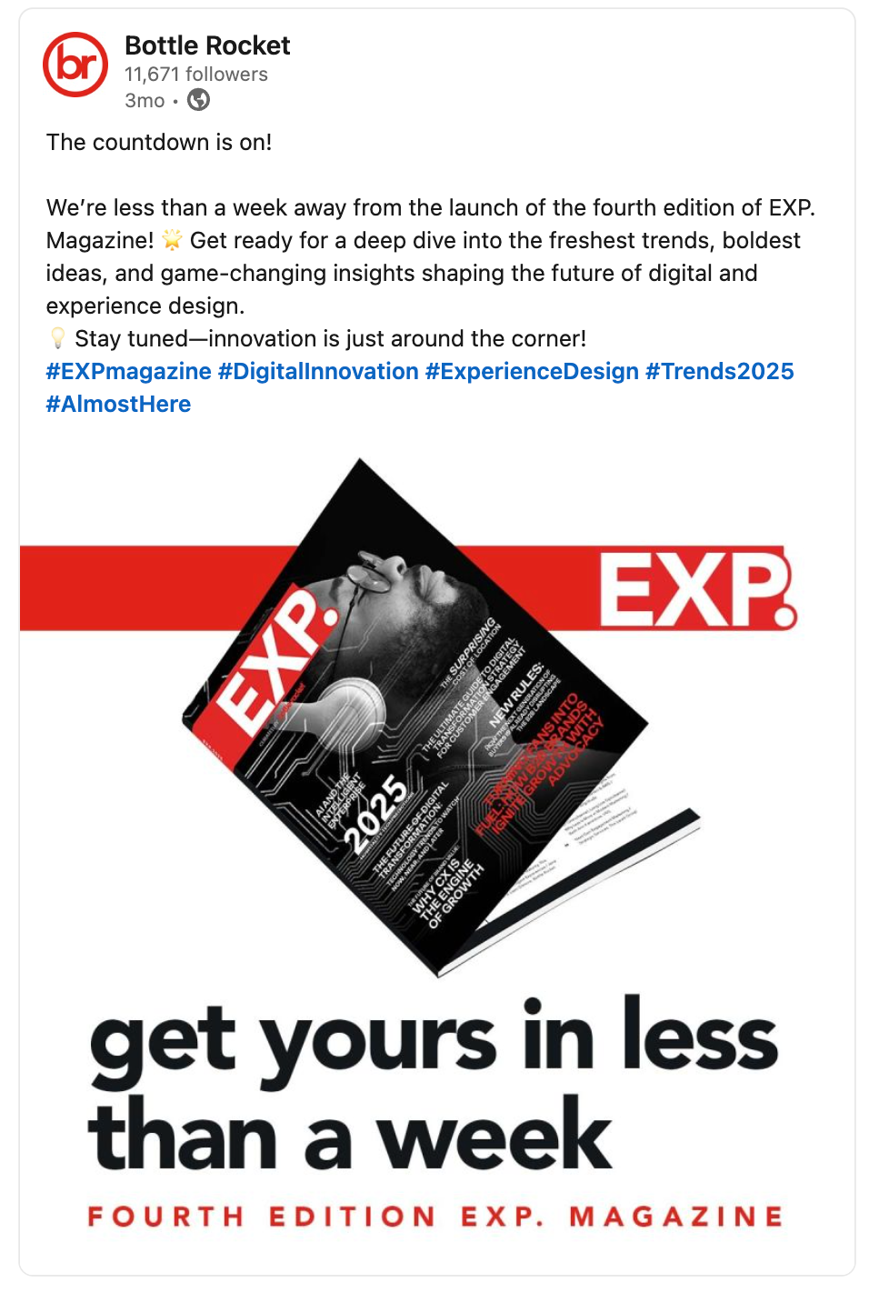 2025 EXP. Magazine announcement social post.