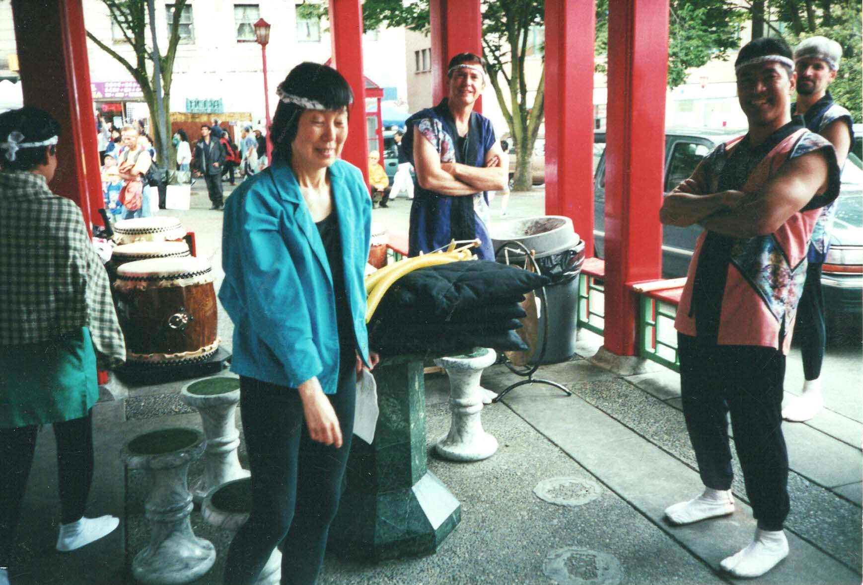 Setting up to perform in Hing Hay Park, Seattle