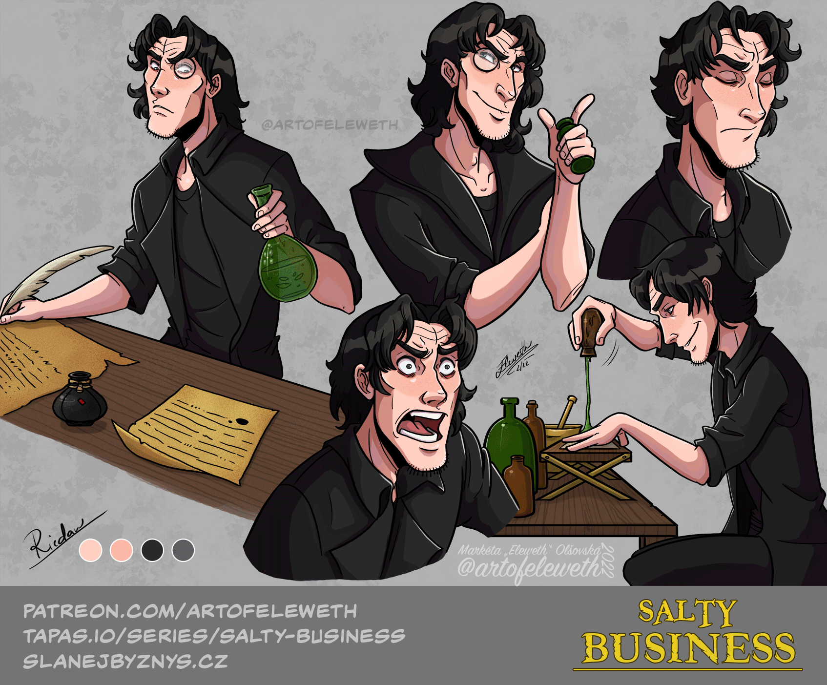 Riedan is quite mysterious - nobody knows from where he comes from or what he did before he joined Bovs' crew and he don't want to talk about it (the truth will be revealed in the chapter 12 or 13). He absolutely loves his job and his biggest joy is to invent and create new drugs and ointments (and using his crew-mates as a test subjects).
