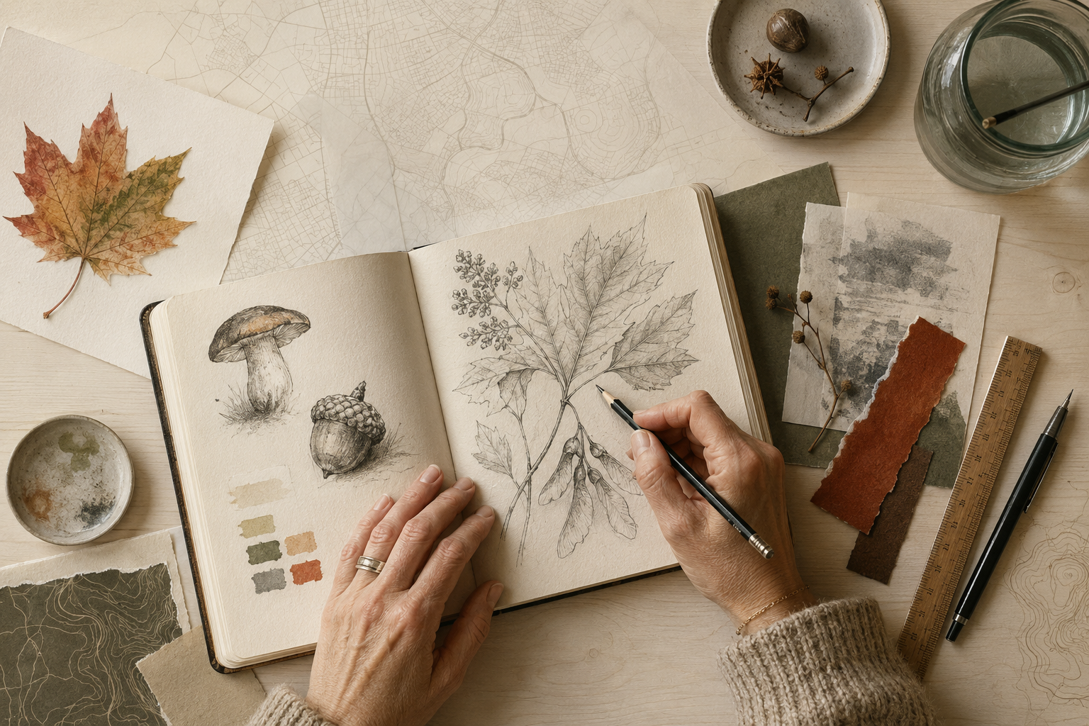 Overhead illustration of hands sketching botanical specimens among watercolor studies, drawing tools, and map textures.