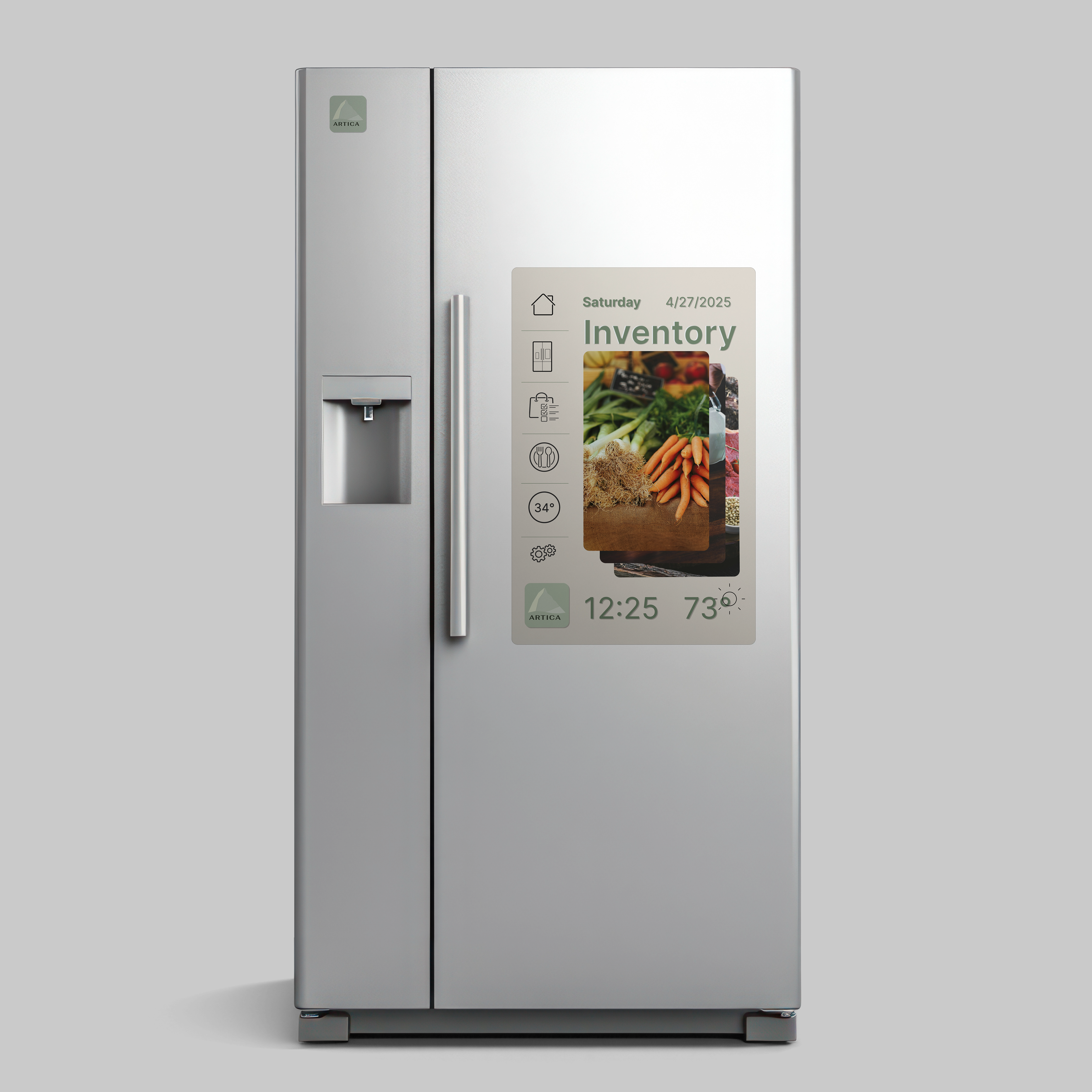 tainless-steel smart refrigerator with an inventory touchscreen interface.