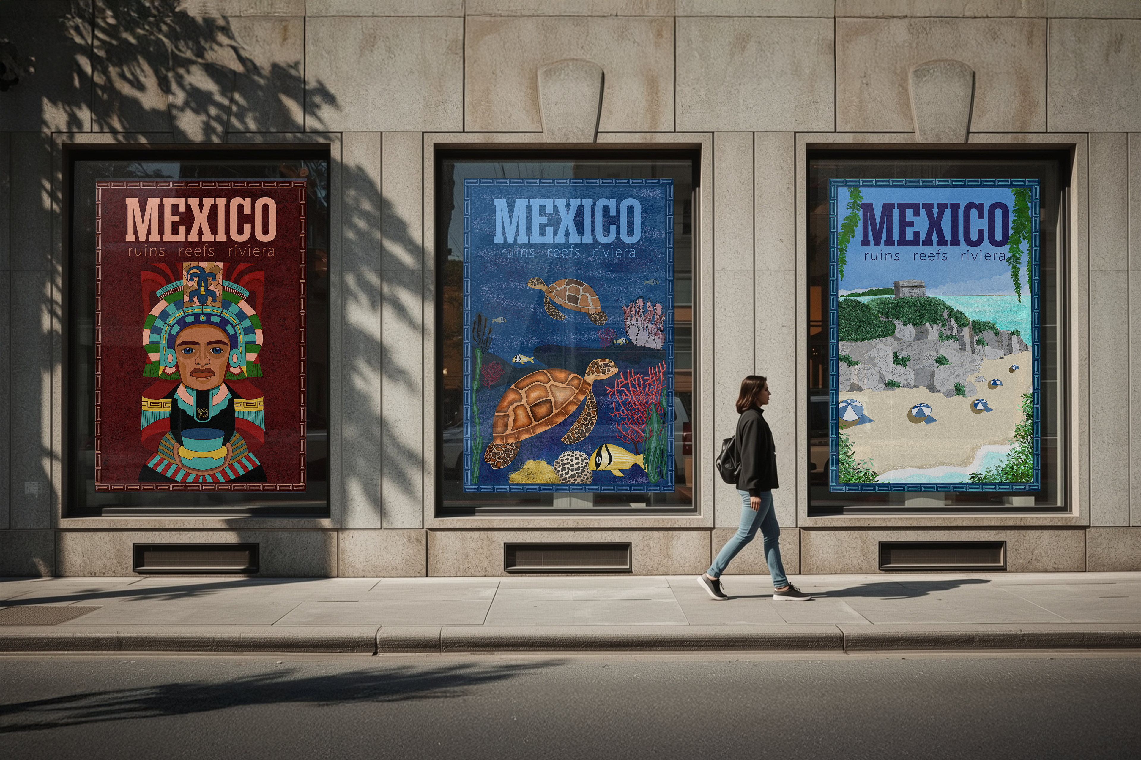 Three illustrated Mexico travel posters displayed in an urban streetscape.