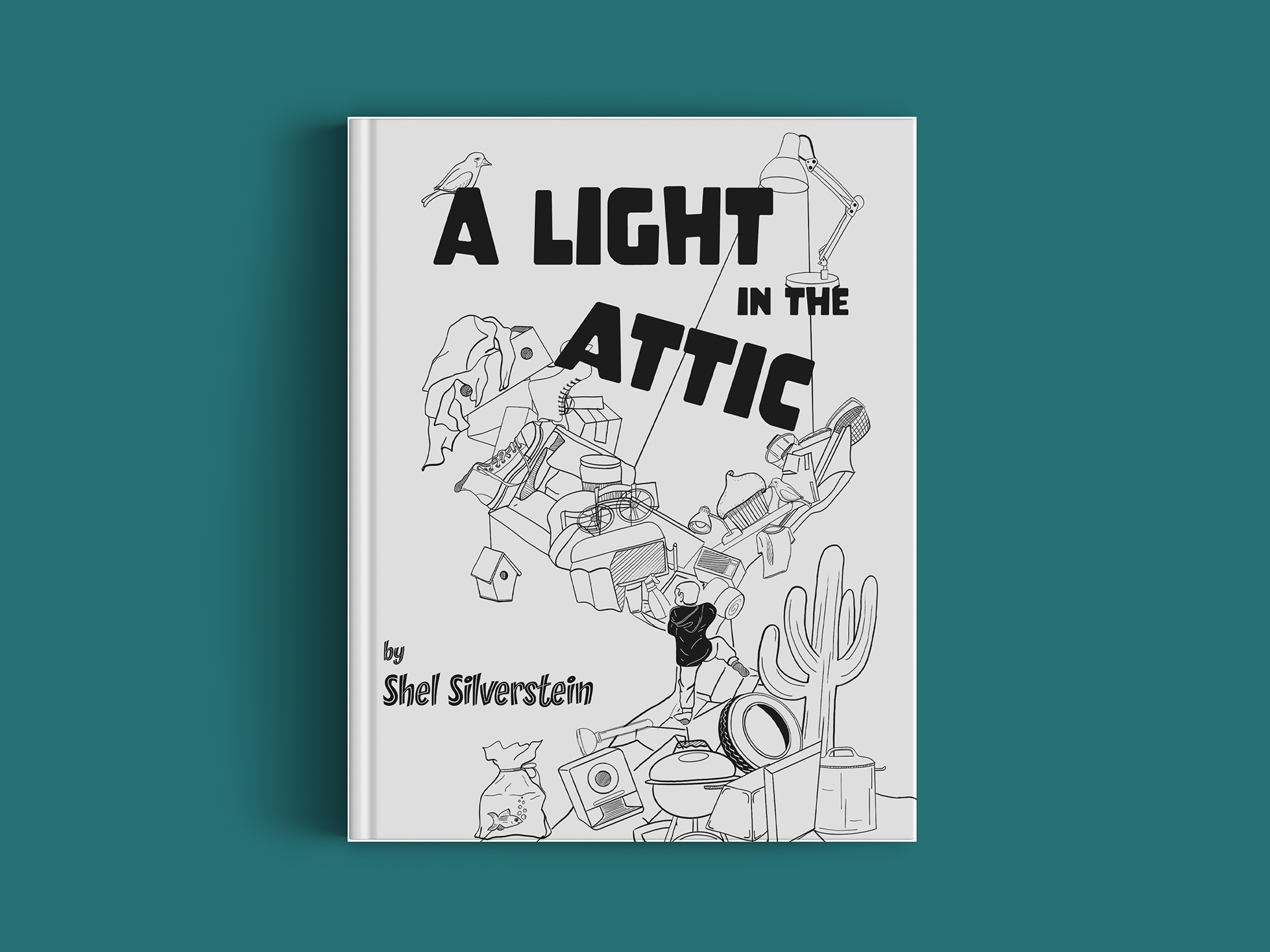 Mockup of a black-and-white illustrated A Light in the Attic book cover against a teal background.