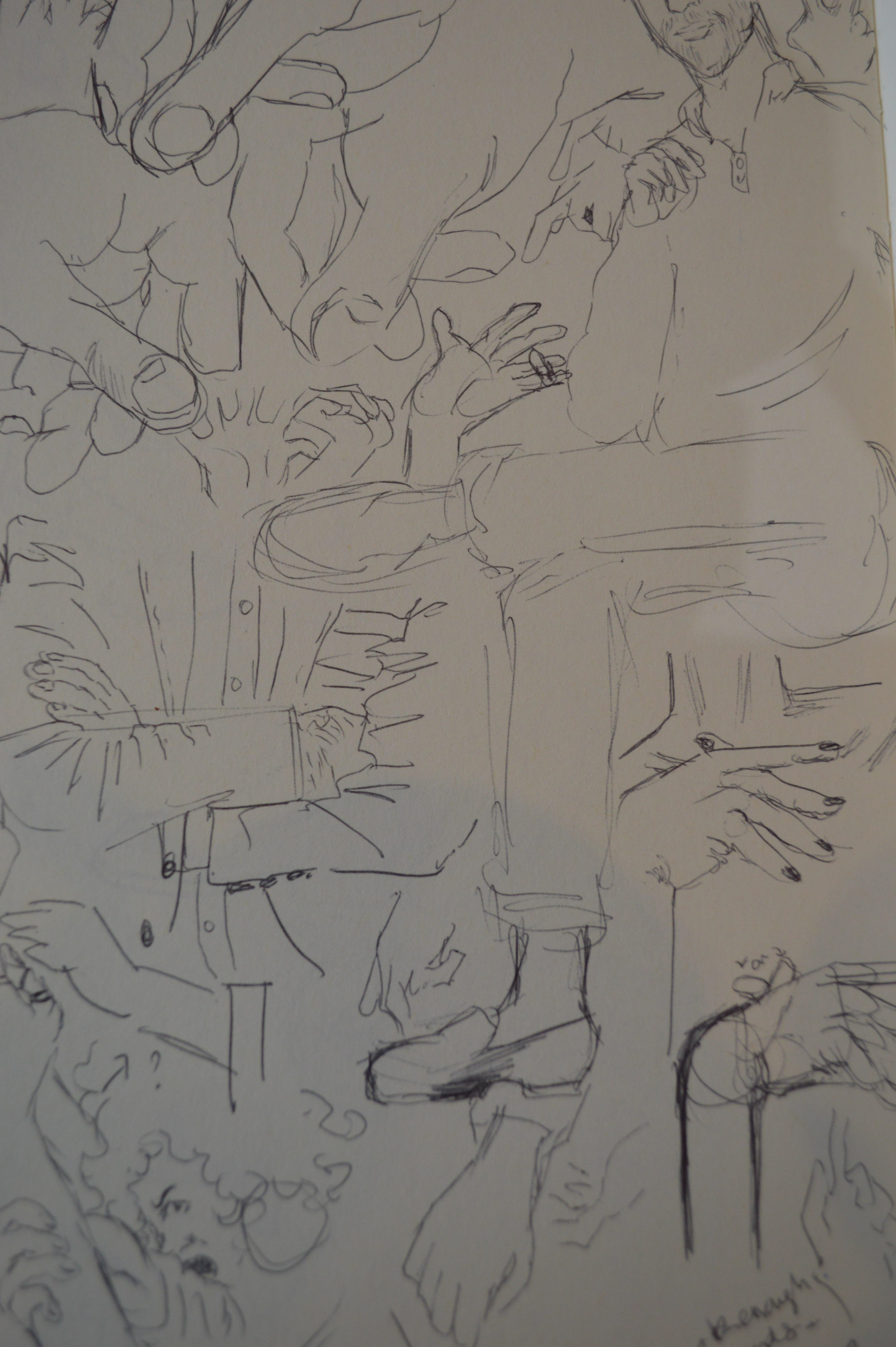 Deborah Ajia sketchbook pieces in black biro - hands and feet