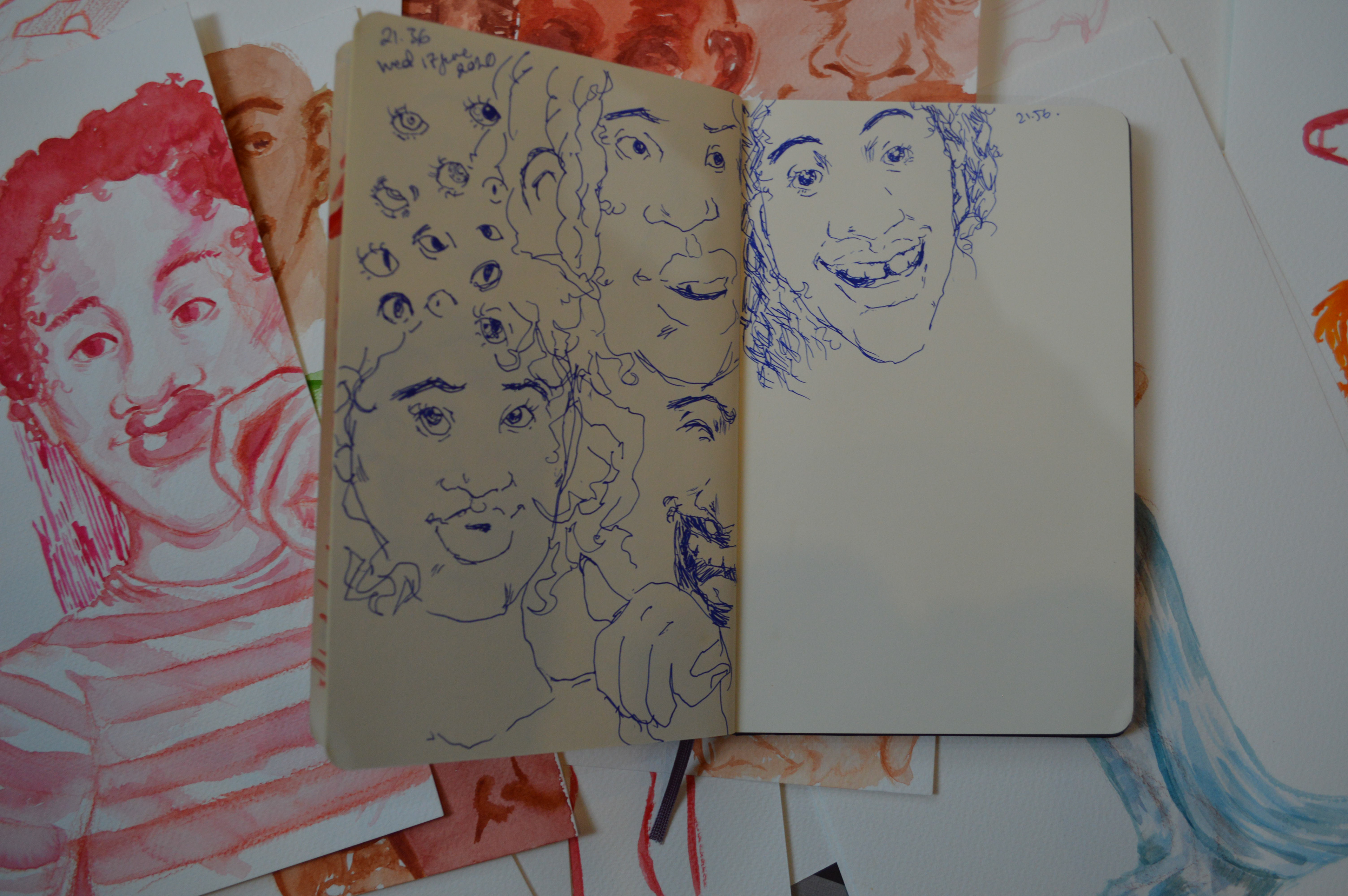Deborah Ajia sketchbook pieces in blue ink biro - womens faces- London illustrator