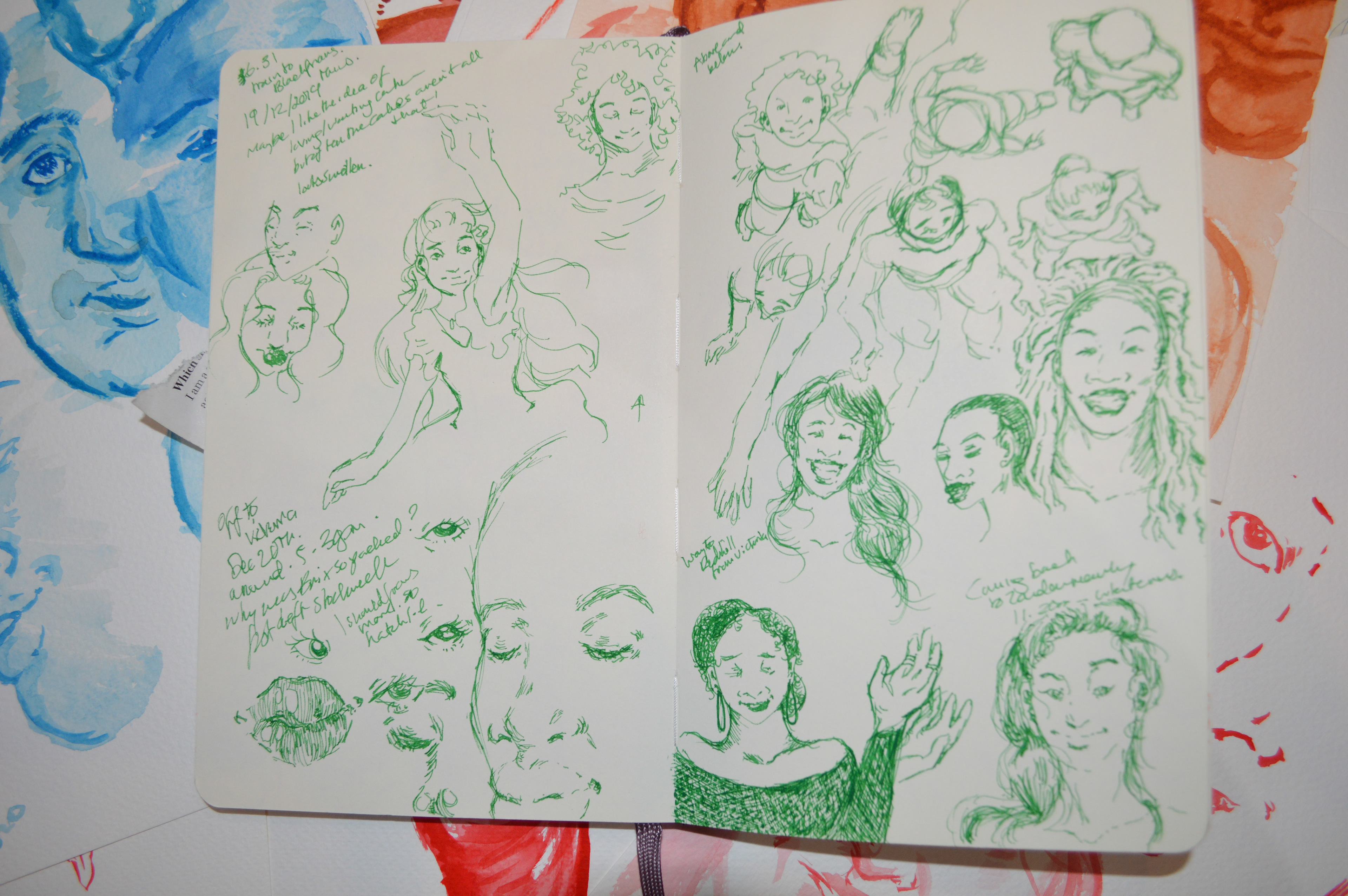 Deborah Ajia Sketchbook, green drawings of women