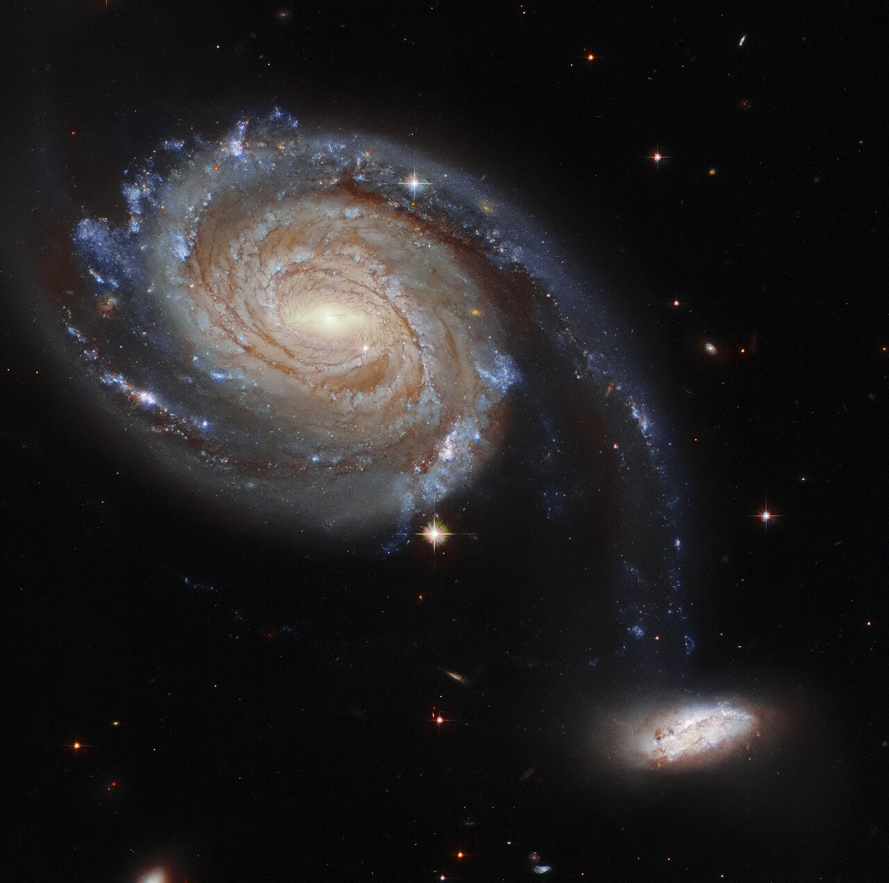 This observation from the NASA/ESA Hubble Space Telescope showcases Arp 86, a peculiar pair of interacting galaxies which lies roughly 220 million light-years from Earth in the constellation Pegasus. Arp 86 is composed of the two galaxies NGC 7752 and NGC 7753 — NGC 7753 is the large spiral galaxy dominating this image, and NGC 7752 is its smaller companion. The diminutive companion galaxy almost appears to be attached to NGC 7753, and it is this peculiarity that has earned the designation “Arp 86” — signifying that the galaxy pair appears in the Atlas of Peculiar Galaxies compiled by the astronomer Halton Arp in 1966. The gravitational squabble between the two galaxies is doomed to end catastrophically for NGC 7752. It will eventually either be flung out into intergalactic space or be entirely engulfed by its far larger neighbour.  Hubble observed Arp 86 as part of a larger effort to understand the connections between young stars and the clouds of cold gas in which they form. Hubble gazed into star clusters and clouds of gas and dust in a variety of environments dotted throughout nearby galaxies. Combined with measurements from ALMA, a gigantic radio telescope perched high in the Chilean Andes, these Hubble observations provide a treasure trove of data for astronomers working to understand how stars are born.  These observations also helped sow the seeds of future research with an upcoming space telescope, the NASA/ESA James Webb Space Telescope (JWST). This telescope, due to launch later this year, will study star formation in dusty regions such as the galaxies of Arp 86.