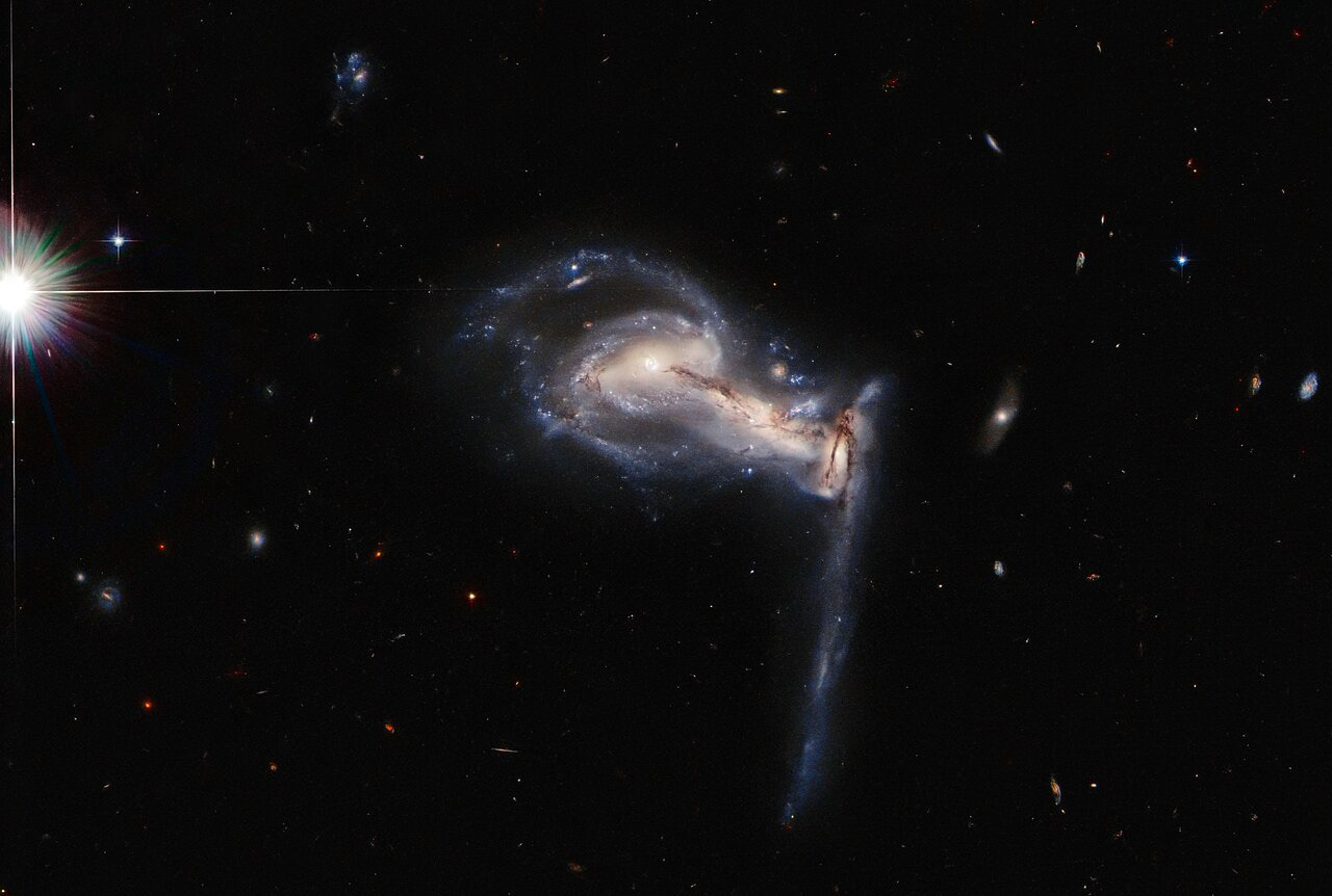 A dramatic triplet of galaxies takes centre stage in this latest Picture of the Week from the NASA/ESA Hubble Space Telescope, which captures a three-way gravitational tug-of-war between interacting galaxies. This system —known as Arp 195— is featured in the Atlas of Peculiar Galaxies, a list which showcases some of the weirder and more wonderful galaxies in the universe.  Observing time with the Hubble Space Telescope is extremely valuable, so astronomers don't want to waste a second. The schedule for Hubble observations is calculated using a computer algorithm which allows the spacecraft to occasionally gather bonus snapshots of data between longer observations. This image of the clashing triplet of galaxies in Arp 195 is one such snapshot. Extra observations such as these do more than provide spectacular images — they also help to identify promising targets to follow up with telescopes such as the upcoming NASA/ESA/CSA James Webb Space Telescope.  Links Video of Squabbling Galactic Siblings Credit: ESA/Hubble & NASA, J. Dalcanton