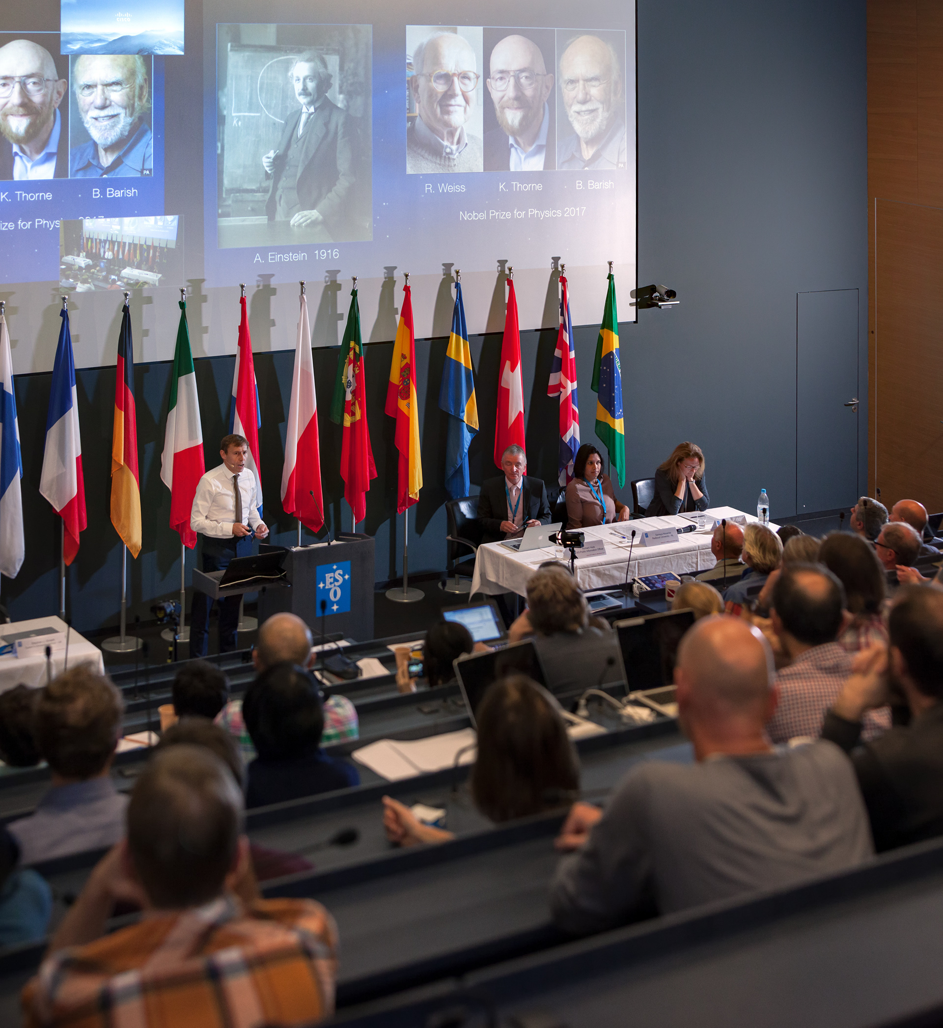 Stephen Smartt, professor at the Queen's University Belfast, speaks during the ESO press conference announcing the discovery of a neutron star merger and its electromagnetic counterpart on 16 October 2017.