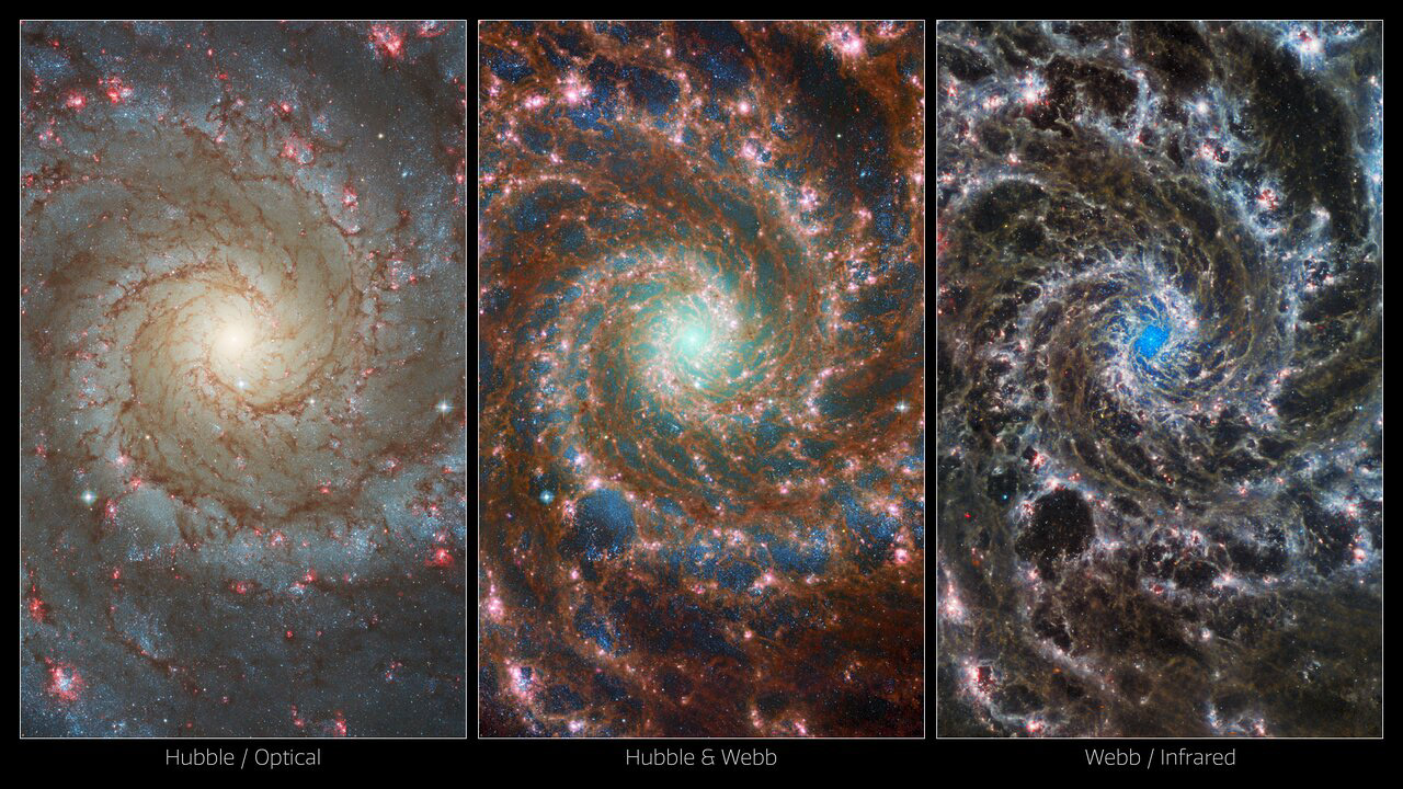 New images of the Phantom Galaxy, M74, showcase the power of space observatories working together in multiple wavelengths. On the left, the NASA/ESA Hubble Space Telescope’s view of the galaxy ranges from the older, redder stars towards the centre, to younger and bluer stars in its spiral arms, to the most active stellar formation in the red bubbles of H II regions. On the right, the NASA/ESA/CSA James Webb Space Telescope’s image is strikingly different, instead highlighting the masses of gas and dust within the galaxy’s arms, and the dense cluster of stars at its core. The combined image in the centre merges these two for a truly unique look at this “grand design” spiral galaxy.  Scientists combine data from telescopes operating across the electromagnetic spectrum to truly understand astronomical objects. In this way, data from Hubble and Webb compliment each other to provide a comprehensive view of the spectacular M74 galaxy. Credit: ESA/Webb, NASA & CSA, J. Lee and the PHANGS-JWST Team; ESA/Hubble & NASA, R. Chandar Acknowledgement: J. Schmidt