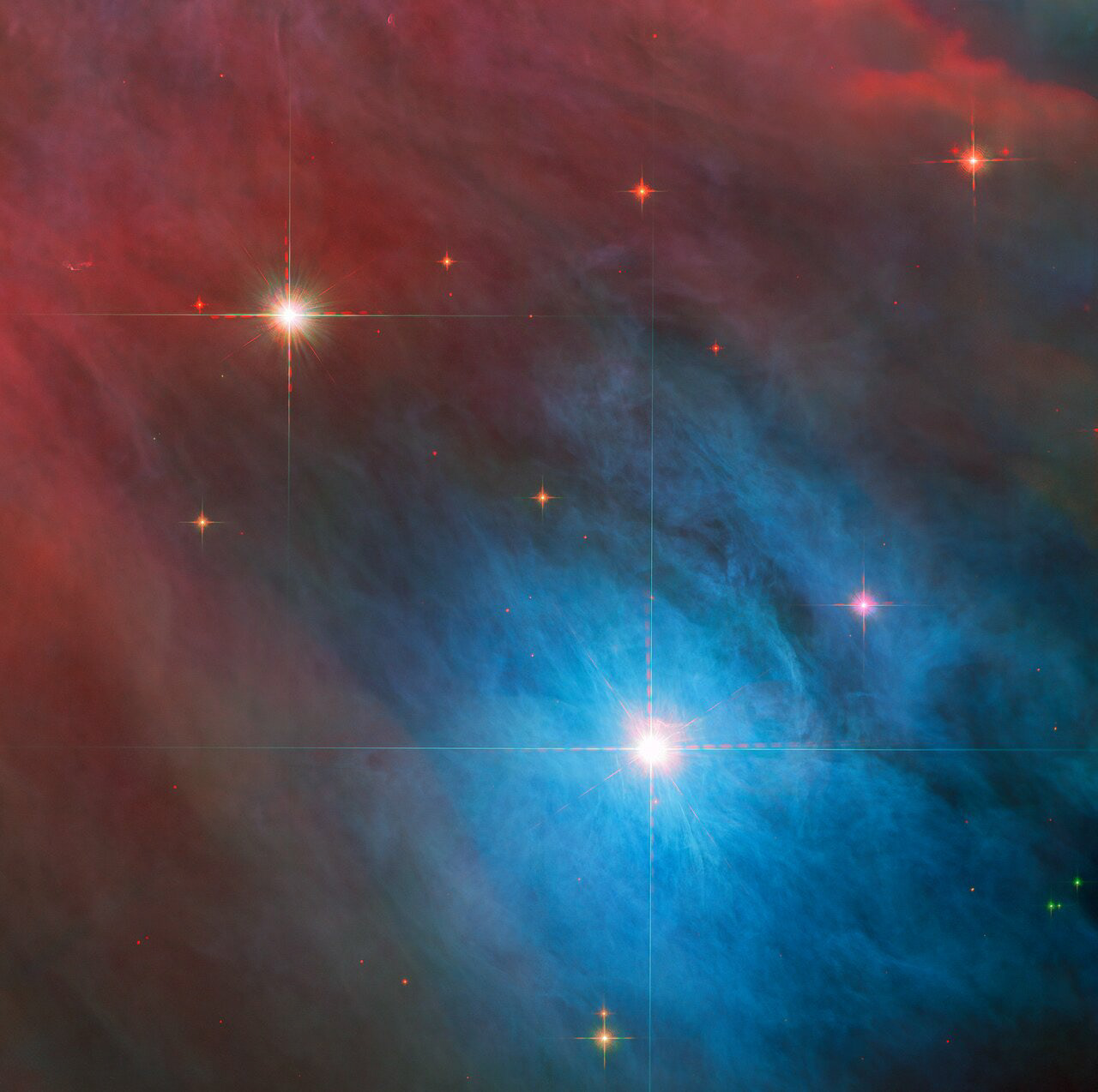 The bright variable star V 372 Orionis takes centre stage in this image from the NASA/ESA Hubble Space Telescope, which has also captured a smaller companion star in the upper left of this image. Both stars lie in the Orion Nebula, a colossal region of star formation roughly 1450 light years from Earth.  V 372 Orionis is a particular type of variable star known as an Orion Variable. These young stars experience some tempestuous moods and growing pains, which are visible to astronomers as irregular variations in luminosity. Orion Variables are often associated with diffuse nebulae, and V 372 Orionis is no exception; the patchy gas and dust of the Orion Nebula pervade this scene.  This image overlays data from two of Hubble’s instruments. Data from the Advanced Camera for Surveys and Wide Field Camera 3 at infrared and visible wavelengths were layered to reveal rich details of this corner of the Orion Nebula. Hubble also left its own subtle signature on this astronomical portrait in the form of the diffraction spikes surrounding the bright stars. These prominent artefacts are created by starlight interacting with Hubble’s inner workings, and as a result they reveal hints of Hubble’s structure. The four spikes surrounding the stars in this image are created by four vanes inside Hubble supporting the telescope’s secondary mirror. The diffraction spikes of the NASA/ESA/CSA James Webb Space Telescope, on the other hand, are six-pointed as a result of Webb’s hexagonal mirror segments and 3-legged support structure for the secondary mirror.    [Image description: Two very bright stars with cross-shaped diffraction spikes are prominent: the larger is slightly lower-right of centre, the smaller lies towards the upper-left corner. Small red stars with short diffraction spikes are scattered around them. The background is covered nearly completely by gas: smoky, bright blue gas around the larger star in the centre and lower-right, and wispier red gas elsewhere.] Credit: ESA/Hubble & NASA, J. Bally, M. Robberto
