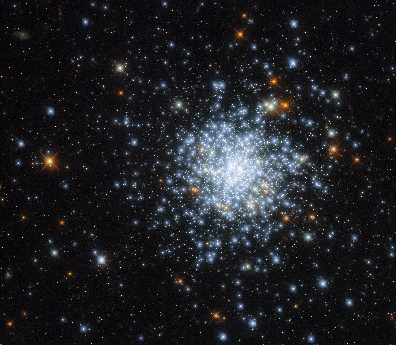 This Picture of the Week shows an open cluster known as NGC 2164, which was first discovered in 1826 by a Scottish astronomer named James Dunlop. NGC 2164 is located within one of the Milky Way galaxy's closest neighbours — the satellite galaxy known as the Large Magellanic Cloud. The Large Magellanic cloud is a relatively small galaxy that lies about 160 000 light-years from Earth. It is considered a satellite galaxy because it is gravitationally bound to the Milky Way. In fact, the Large Magellanic cloud is on a very slow collision course with the Milky Way — it’s predicted that they will collide 2.4 billion years from now.  The Large Magellanic Cloud only contains about one hundredth as much mass as the Milky Way, but it still contains billions of stars. The open cluster NGC 2164 is in good company in the Large Magellanic Cloud — the satellite galaxy is home to roughly 700 open clusters, alongside about 60 globular clusters. This image of NGC 2164 was taken by the NASA/ESA Hubble Space Telescope’s Wide Field Camera 3 (WFC3), which has previously imaged many other open clusters, including NGC 330 and Messier 11.  Credit: ESA/Hubble & NASA, J. Kalirai, A. Milone