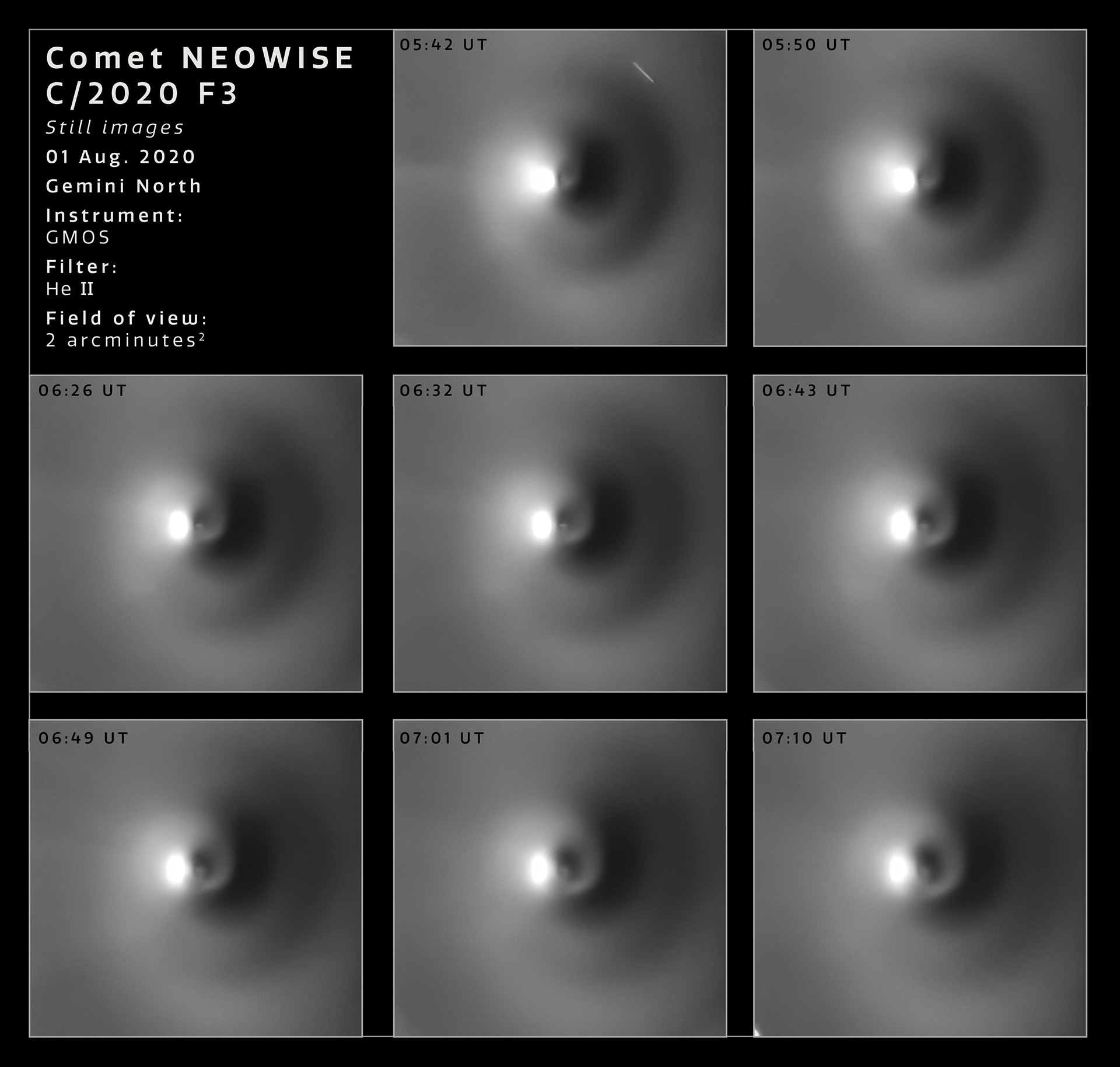 Comet NEOWISE Rotation Sequence (Images) Images of Comet NEOWISE obtained with Gemini North on Hawai‘i’s Maunakea on the night of 1 August 2020. This sequence was obtained using the Gemini Multi-Object Spectrograph (GMOS) with the 468/8 nm filter and digitally enhanced using a dedicated algorithm. The field of view is 2 arcminutes across.  Credit: International Gemini Observatory/NOIRLab/NSF/AURA/M. Drahus/P. Guzik