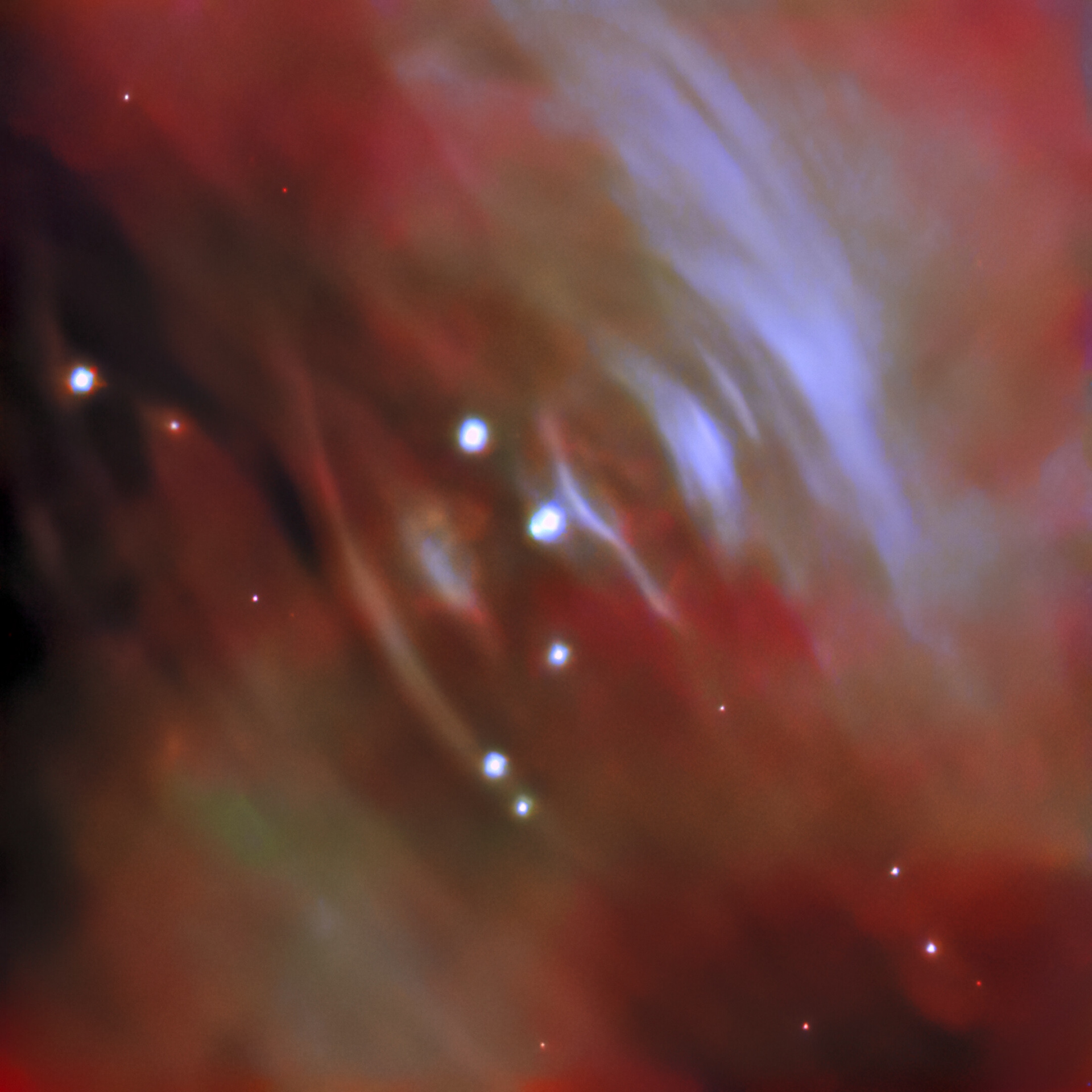 This image was “liberated” with the FITS Liberator from the FITS file from the Gemini North telescope. It captures the heart of Messier 1, the Crab Nebula. Formed by a colossal supernova explosion in the year 1054, the Crab Nebula consists of the outer layers of a now-dead massive star strewn across a region of space roughly 10 light-years across. The ripple-like structures visible in this image emanate from the heart of the nebula, where a pulsar — the dense, quickly rotating remains of the supernova’s progenitor star — is unleashing a hail of charged particles into the surrounding gas. The boundary where these charged particles slow down and pile up creates the bright ripples shown here. These ripples then expand outward over the course of months, causing the Crab Nebula to resemble a pool of disturbed water on an unimaginably vast scale.  Credit: International Gemini Observatory/NOIRLab/NSF/AURA Acknowledgements: J. Miller (Gemini Observatory/NOIRLab), T.A. Rector (University of Alaska Anchorage/NSF’s NOIRLab), M. Zamani & D. de Martin (NSF’s NOIRLab)