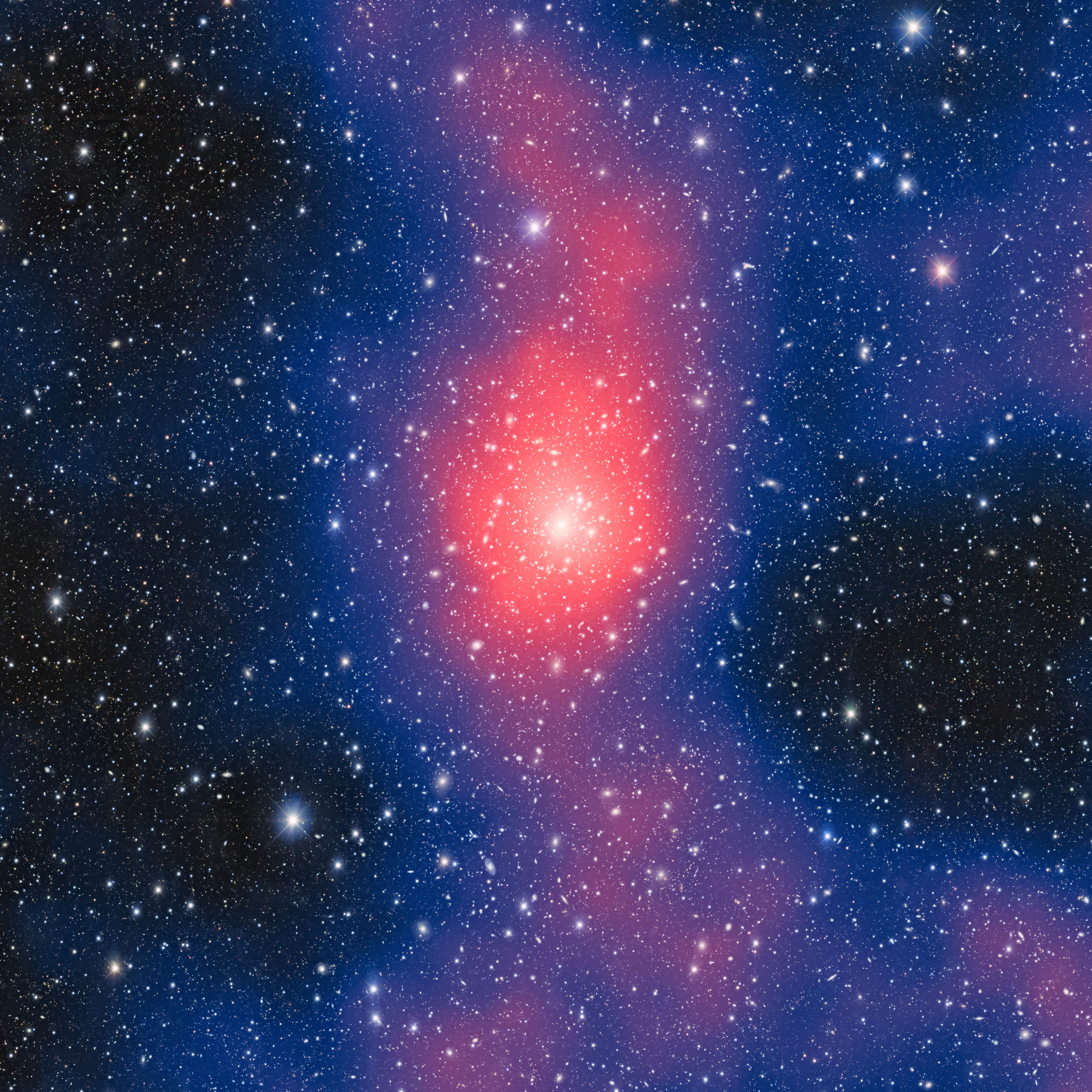 Using the Dark Energy Camera at Cerro Tololo Inter-American Observatory, a Program of NSF’s NOIRLab, astronomers are measuring weak gravitational lensing to map the distribution of mass in nearby galaxy clusters. As well as producing remarkable images like this one, the information will shed light on the relationships between the constituent parts of nearby galaxy clusters, such as gas, stellar populations, and dark matter.  The galaxy cluster Abell 3827 is the subject of this striking image. In addition to featuring a field of galaxies and foreground stars, the image is overlaid with a map with hues of red, blue and purple. Though they are attractive, these colors aren’t for decoration — they represent the distribution of mass in the heart of Abell 3827 with red showing the largest mass concentration.  Credit: CTIO/NOIRLab/NSF/AURA