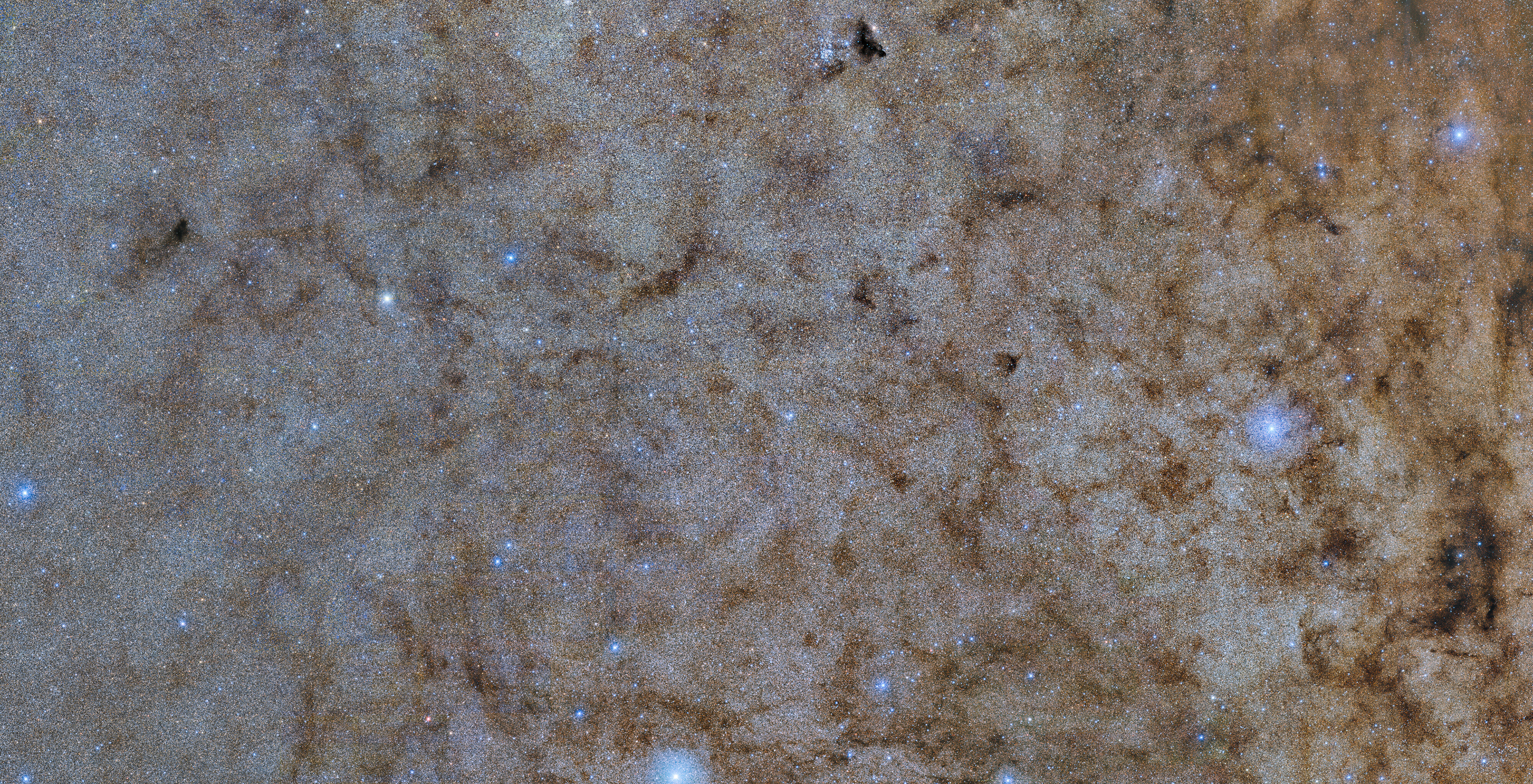 This color-composite shows a main part of the new Blanco DECam Bulge Survey of 250 million stars in our galaxy’s bulge. The 4 x 2 degrees excerpt can be explored in all its whopping 50,000 x 25,000 pixels in this zoomable version.  In the image interstellar dust and gas seemingly acts like a red “filter” in front of the background stars, scattering the blue light away. Since we are surrounded by dust and gas in the Milky Way, this scattering effect is important to many parts of astronomy and is known as interstellar reddening.  DECam was primarily funded by the U.S. Department of Energy.     Credit: CTIO/NOIRLab/DOE/NSF/AURA  Acknowledgment:  Image processing: W. Clarkson (UM-Dearborn), C. Johnson (STScI), and M. Rich (UCLA), Travis Rector (University of Alaska Anchorage), Mahdi Zamani & Davide de Martin.