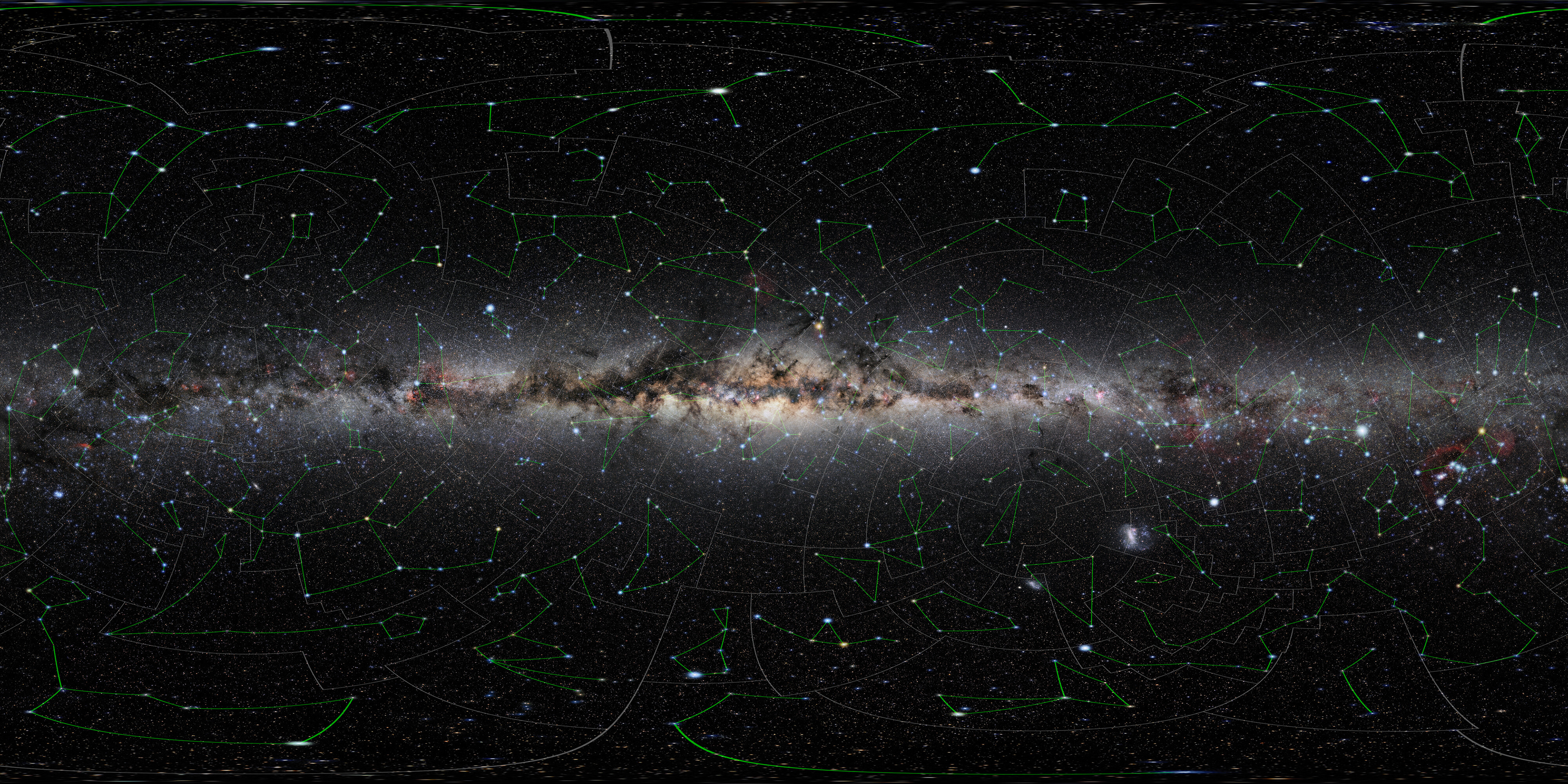All-sky photo of the night sky with all 88 constellations lines and boundaries. /  Credit: NOIRLab/NSF/AURA/E. Slawik/Mahdi Zamani