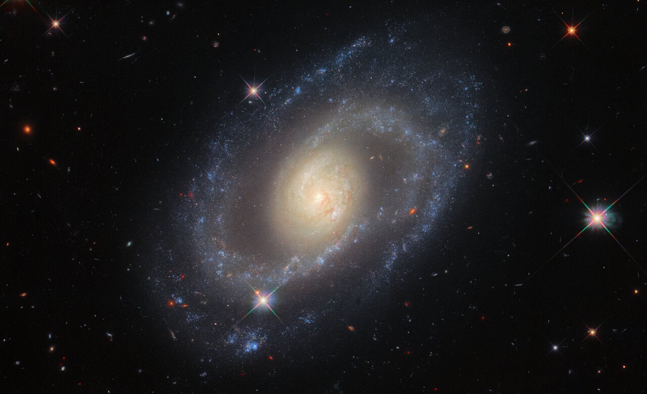 This image from the NASA/ESA Hubble Space Telescope features the spiral galaxy Mrk 1337, which is roughly 120 million light-years away from Earth in the constellation Virgo. Hubble’s Wide Field Camera 3 snapped Mrk 1337 at a wide range of ultraviolet, visible and infrared wavelengths, producing this richly detailed image. Mrk 1337 is a weakly barred spiral galaxy, which as the name suggests means that the spiral arms radiate from a central bar of gas and stars. Bars occur in roughly half of spiral galaxies, including our own galaxy the Milky Way.  These observations are part of a campaign to improve our knowledge of how fast the universe is expanding. They were proposed by Adam Riess, who was awarded a Nobel Laureate in physics 2011 for his contributions to the discovery of the accelerating expansion of the Universe, alongside Saul Perlmutter and Brian Schmidt.  Links Video of Cosmological Curiosity    Credit: ESA/Hubble & NASA, A. Riess et al.