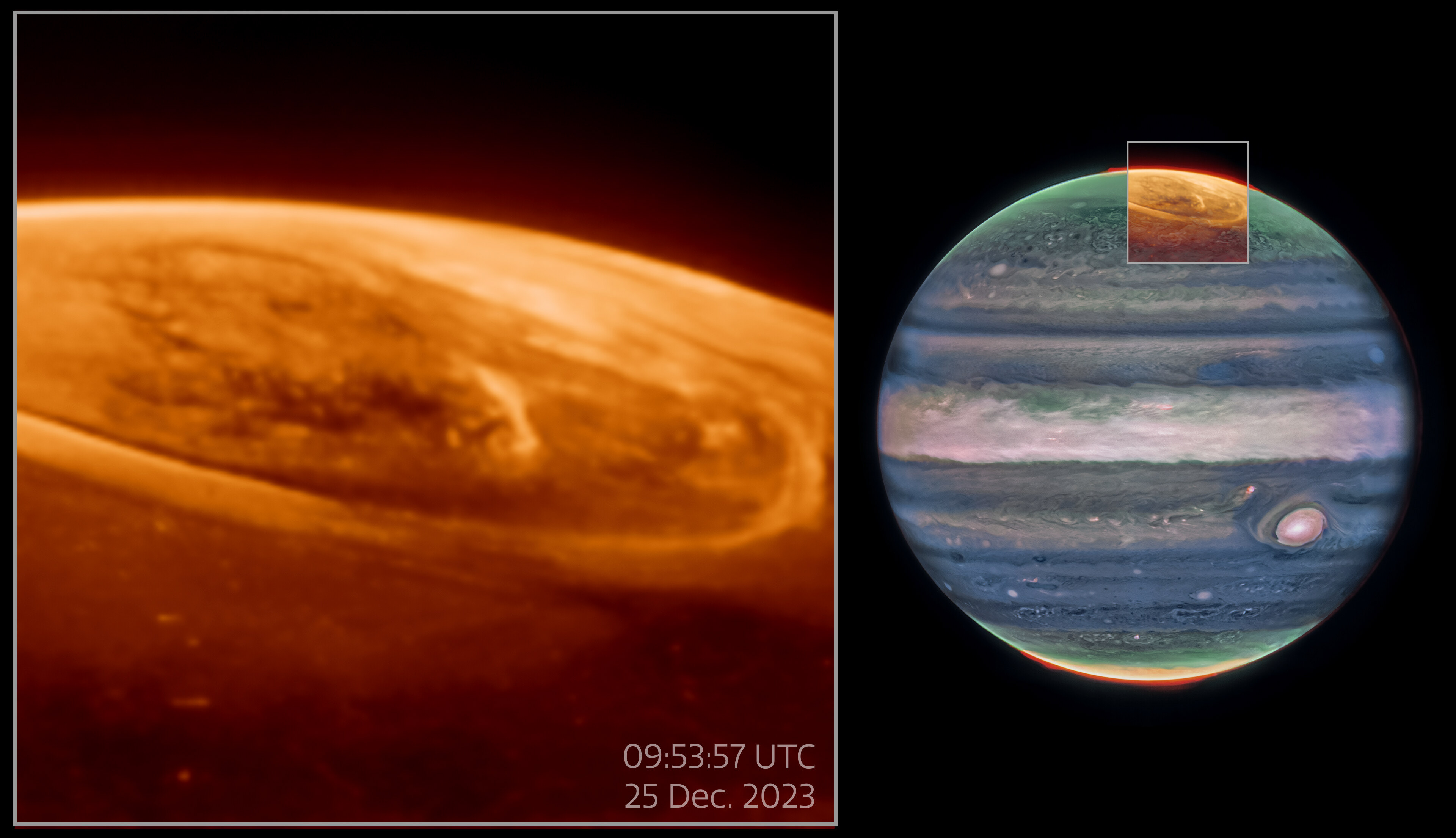Pullout of aurora observations on Jupiter - Credit: NASA, ESA, CSA, STScI, Ricardo Hueso (UPV), Imke de Pater (UC Berkeley), Thierry Fouchet (Observatory of Paris), Leigh Fletcher (University of Leicester), Michael H. Wong (UC Berkeley), Joseph DePasquale (STScI), J. Nichols (University of Leicester), M. Zamani (ESA/Webb)