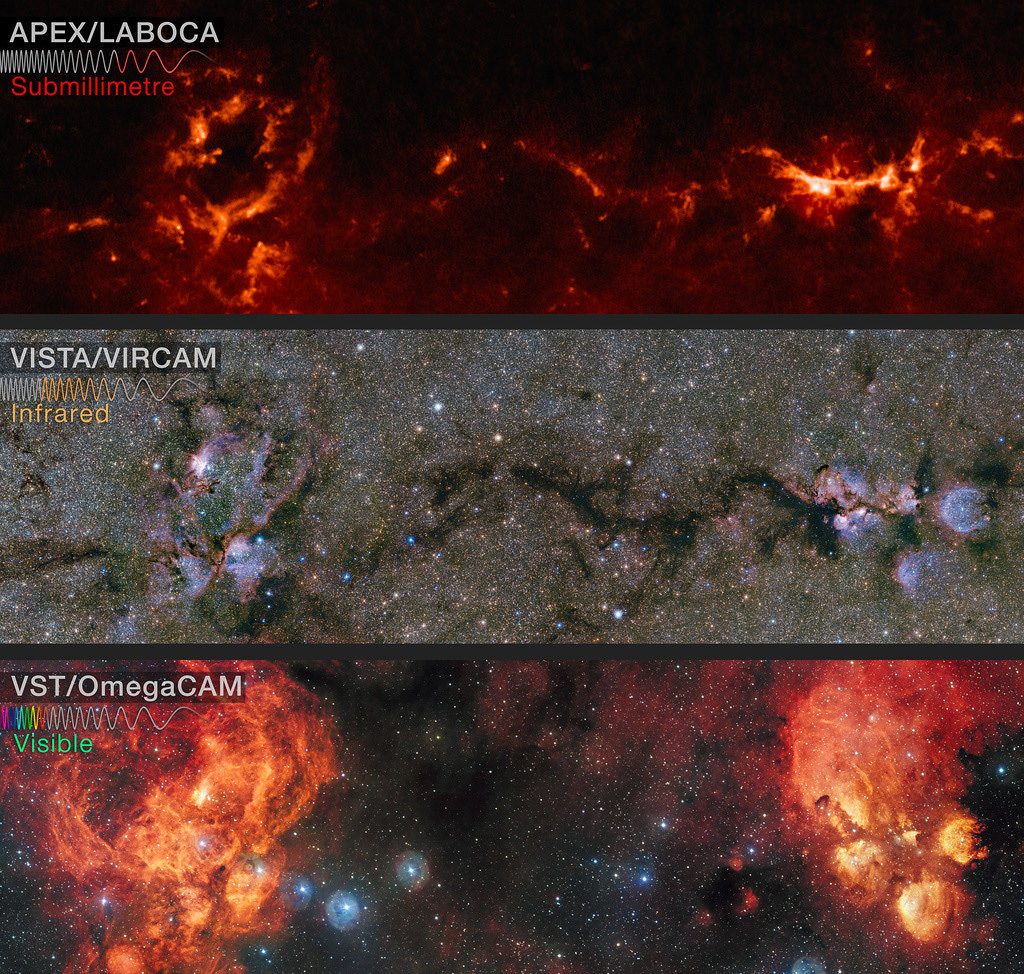 This comparison shows the area around the Lobster and Cat’s Paw nebulae observed at different wavelengths. Top panel: submillimetre wavelengths seen by APEX. Middle panel: near-infrared wavelengths seen by ESO’s VISTA infrared survey telescope; note that regions appearing as dark dust tendrils here show up brightly in the APEX view above. Bottom panel: visible light as seen by the VST, where most of the stars are hidden from view by dusty structures.  Credit: ESO/ATLASGAL consortium/VVV Survey/D. Minniti