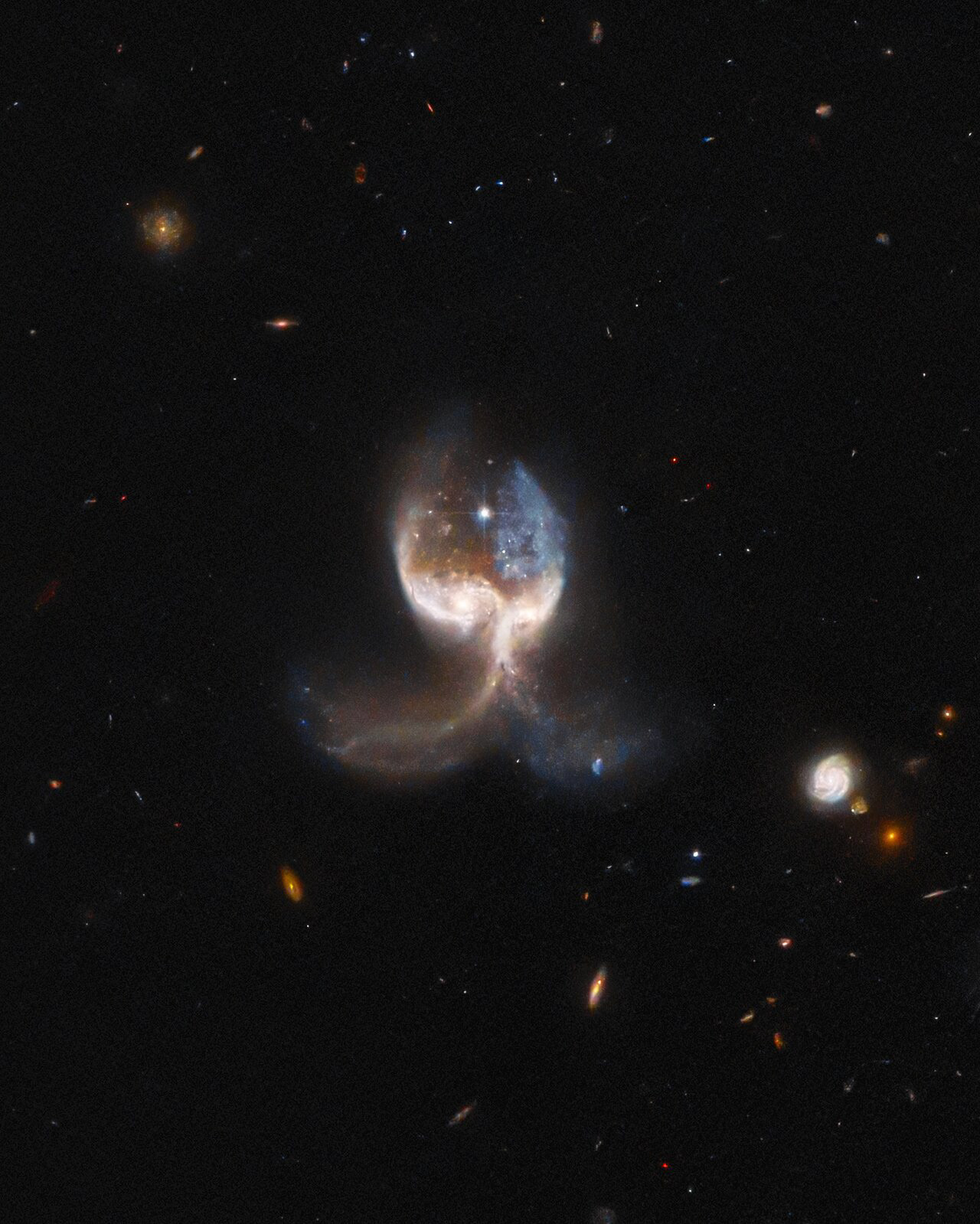 Two merging galaxies in the VV689 system — nicknamed the Angel Wing —feature in this image from the NASA/ESA Hubble Space Telescope. In this view, the focus is placed on the system itself, allowing a closer look at it's unique morphology.  Credit: ESA/Hubble & NASA, W. Keel. Acknowledgement: J. Schmidt