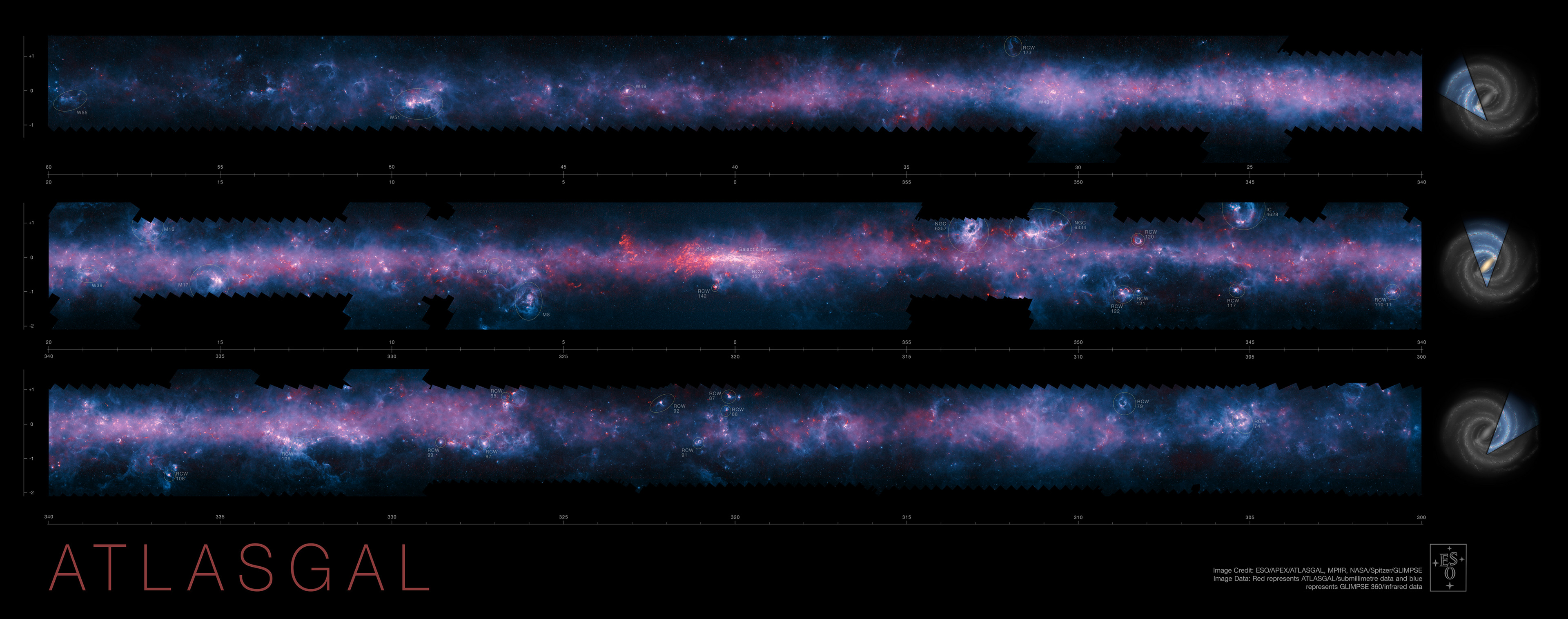 The southern plane of the Milky Way from the ATLASGAL survey   / Credit: ESO/APEX/ATLASGAL consortium/NASA/GLIMPSE consortium/ESA/Planck