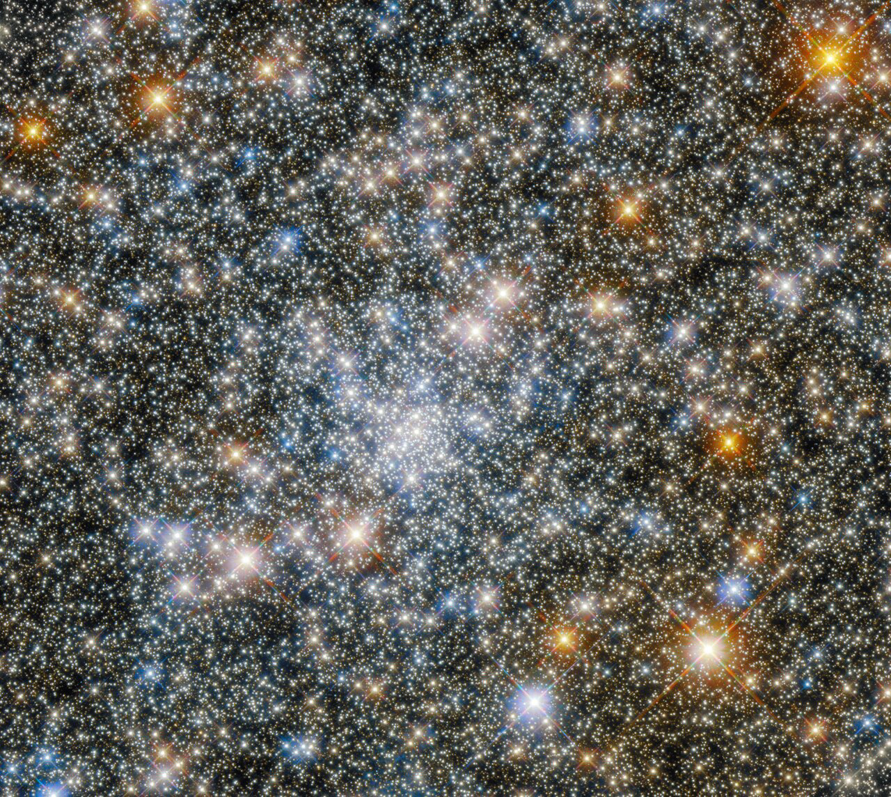 This scintillating image showcases the globular cluster NGC 6540 in the constellation Sagittarius, which was captured by the NASA/ESA Hubble Space Telescope’s Wide Field Camera 3 and Advanced Camera for Surveys. These two instruments have slightly different fields of view — which determines how large an area of sky each instrument captures. This composite image shows the star-studded area of sky that was captured in both instruments’ field of view.   NGC 6540 is a globular cluster, a stable, tightly bound multitude of stars. The populations of these clusters can range from tens of thousands to millions of stars, all of which are trapped in a closely-packed group by their mutual gravitational attraction.  The brightest stars in this image are adorned with prominent cross-shaped patterns of light known as diffraction spikes. These astronomical embellishments are a type of imaging artefact, meaning that they are caused by the structure of Hubble rather than the stars themselves. The path taken by the starlight as it enters the telescope is slightly disturbed by its internal structure, causing bright objects to be surrounded by spikes of light.  Hubble peered into the heart of NGC 6540 to help astronomers measure the ages, shapes, and structures of globular clusters towards the centre of the Milky Way. The gas and dust shrouding the centre of our galaxy block some of the light from these clusters, as well as subtly changing the colours of their stars. Globular clusters contain insights into the earliest history of the Milky Way, and so studying them can help astronomers understand how our galaxy has evolved.  Links Video of Hubble Spies a Scintillating Globular Cluster Credit: ESA/Hubble & NASA, R. Cohen