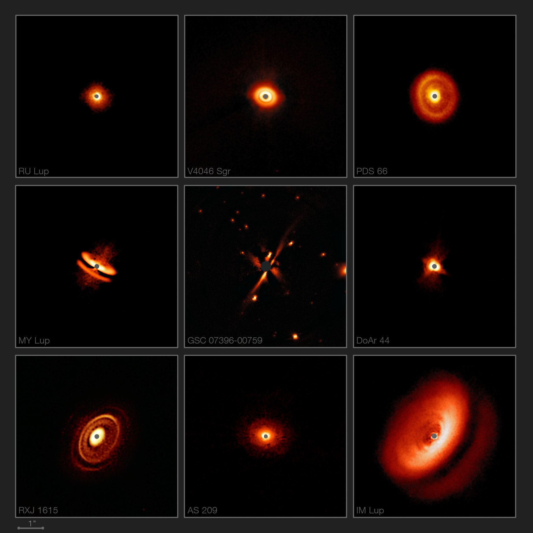 SPHERE images a zoo of dusty discs around young stars New images from the SPHERE instrument on ESO’s Very Large Telescope are revealing the dusty discs surrounding nearby young stars in greater detail than previously achieved. They show a bizarre variety of shapes, sizes and structures, including the likely effects of planets still in the process of forming.  Credit: ESO/H. Avenhaus et al./E. Sissa et al./DARTT-S and SHINE collaborations