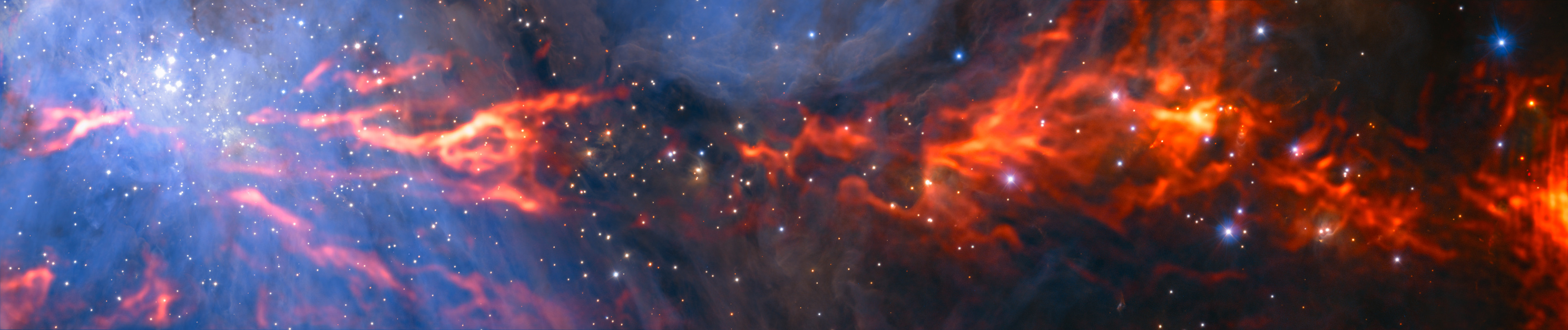 ALMA Reveals Inner Web of Stellar Nursery This spectacular and unusual image shows part of the famous Orion Nebula, a star formation region lying about 1350 light-years from Earth. It combines a mosaic of millimetre wavelength images from the Atacama Large Millimeter/submillimeter Array (ALMA) and the IRAM 30-metre telescope, shown in red, with a more familiar infrared view from the HAWK-I instrument on ESO’s Very Large Telescope, shown in blue. The group of bright blue-white stars at the left is the Trapezium Cluster — made up of hot young stars that are only a few million years old.  Credit: ESO/H. Drass/ALMA (ESO/NAOJ/NRAO)/A. Hacar