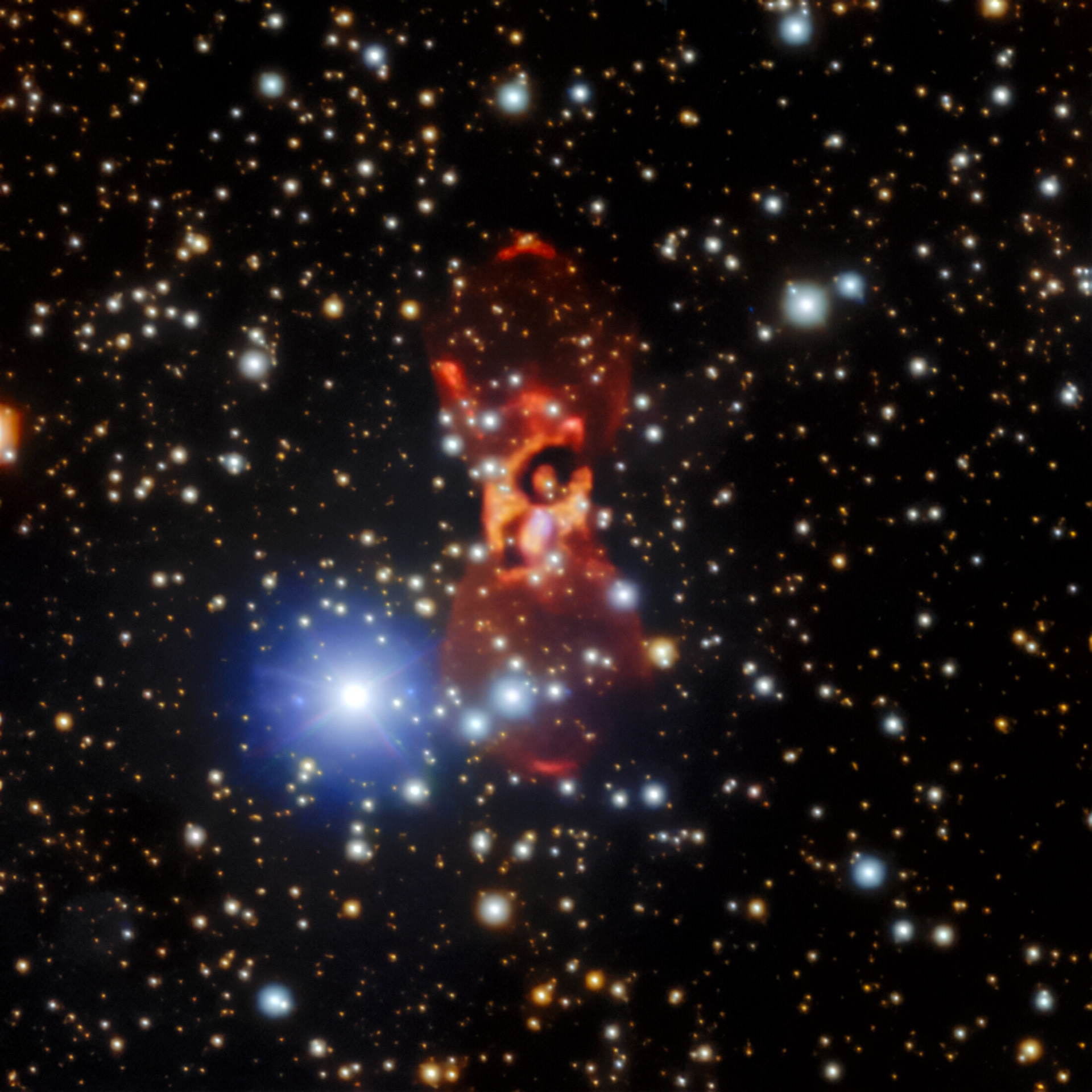 The enigmatic CK Vulpeculae nebula. The team of astronomers measured the speeds and changes in positions of the two small reddish arcs about 1/4 of the way up from the bottom and 1/4 of the way down from the top to help determine that the nebula is expanding five times faster than previously thought.  Credit: International Gemini Observatory/NOIRLab/NSF/AURA Image processing: Travis Rector (University of Alaska Anchorage), Mahdi Zamani & Davide de Martin