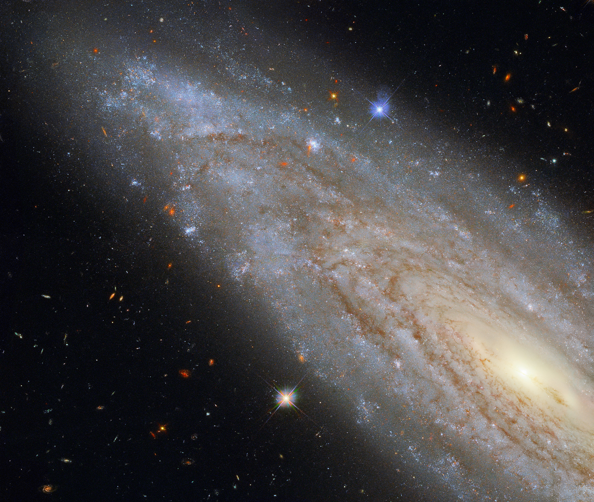 This image shows the spiral galaxy NGC 3254, observed using Hubble's Wide Field Camera 3 (WFC3). WFC3 has the capacity to observe ultraviolet, visible and near-infrared light, and this image is a composite of observations taken in the visible and infrared. In this image, NGC 3254 looks like a typical spiral galaxy, viewed side-on. However, NGC 3254 has a fascinating secret that it is hiding in plain sight — it is a Seyfert galaxy, meaning that it has an extraordinarily active core, known as an active galactic nucleus, which releases as much energy as the rest of the galaxy put together.   Seyfert galaxies are not rare — about 10% of all galaxies are thought to be Seyfert galaxies. They belong to the class of “active galaxies” — galaxies that have supermassive black holes at their centres that are actively accreting material, which releases vast amounts of radiation as it is accreted. There is a second, far more active, type of active galaxy that is known as a quasar. The active cores of Seyfert galaxies, such as NGC 3254, are brightest when observed in light outside the visible spectrum. At other wavelengths, this image would look very different, with the galaxy’s core shining extremely brightly.  Links Video of A Galactic Powerhouse Credit: ESA/Hubble & NASA, A. Riess et al.