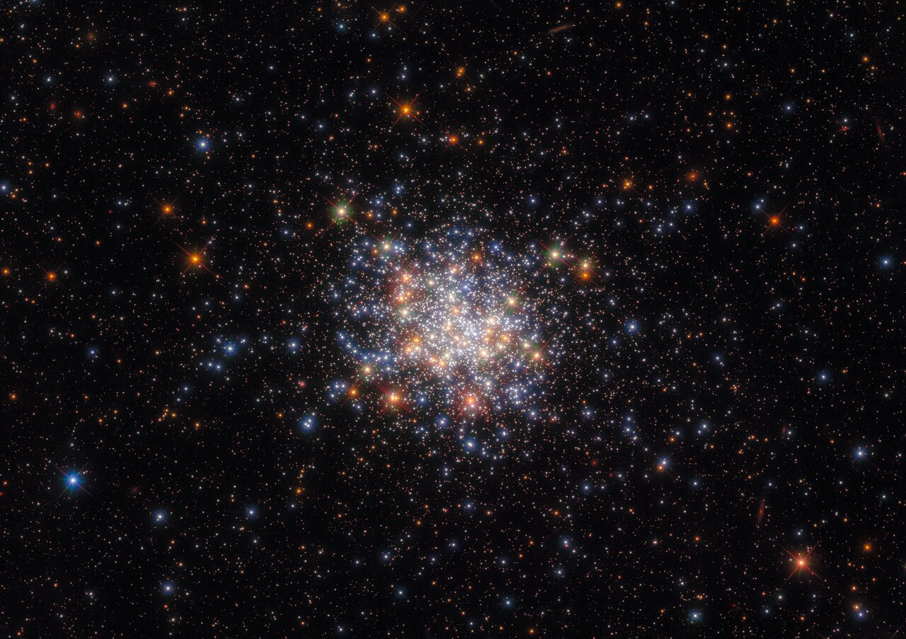 The open star cluster NGC 1755 resembles a pinch of salt strewn on a jet-black tablecloth in this image from the NASA/ESA Hubble Space Telescope. This collection of stars resides in one the Milky Way’s near neighbours — the Large Magellanic Cloud — and measures 120 light-years from side to side. Despite this impressive breadth, NGC 1755 is a member of the smaller class of star clusters. Star clusters are gravitationally bound collections of stars, and come in two main varieties — smaller open clusters like NGC 1755, which are hosts to younger stars, and gargantuan globular clusters, which can contain millions of older stars.   Hubble gazed into the heart of NGC 1755 in order to better understand how different populations of stars can co-exist in a single cluster. A population of stars is a group of stars with similar properties such as age or chemical composition, and these populations provide astronomers with valuable insights into the births, lives, and deaths of stars. Clusters in the Magellanic Clouds are particularly useful natural laboratories thanks to the Clouds’ proximity to the Milky Way. Hubbles’s eagle-eyed vision was a vital asset when observing NGC 1755 — with so many stars packed into a small area of sky, Hubble’s high-resolution Advanced Camera for Surveys and Wide Field Camera 3 allowed individual stars in the cluster to be distinguished.  Credit: ESA/Hubble & NASA, A. Milone, G. Gilmore