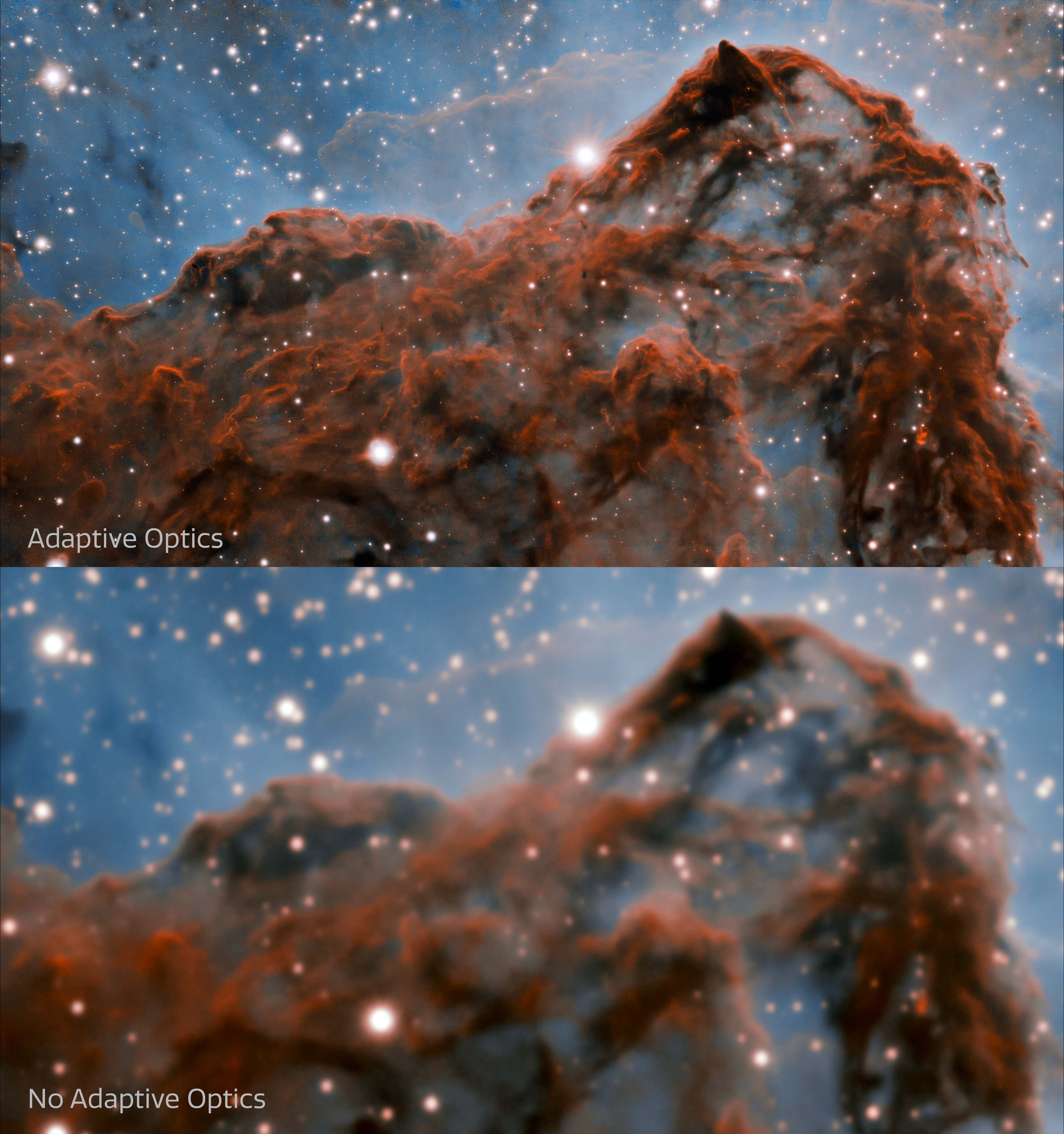 This image shows a comparison of the new image (top) of the western wall of the Carina Nebula taken by the international Gemini Observatory, a Program of NSF’s NOIRLab, and an image of the same region without Adaptive Optics (bottom). The top image was taken with the Gemini South telescope with the GSAOI instrument using the GeMS adaptive optics system, and the bottom image was taken at the Cerro Tololo Inter-American Observatory with the Víctor M. Blanco 4-meter Telescope using the NEWFIRM instrument.  Credit: International Gemini Observatory/CTIO/NOIRLab/NSF/AURA  Acknowledgment:   PI: Patrick Hartigan (Rice University)  Image processing: Patrick Hartigan (Rice University), Travis Rector (University of Alaska Anchorage), Mahdi Zamani & Davide de Martin