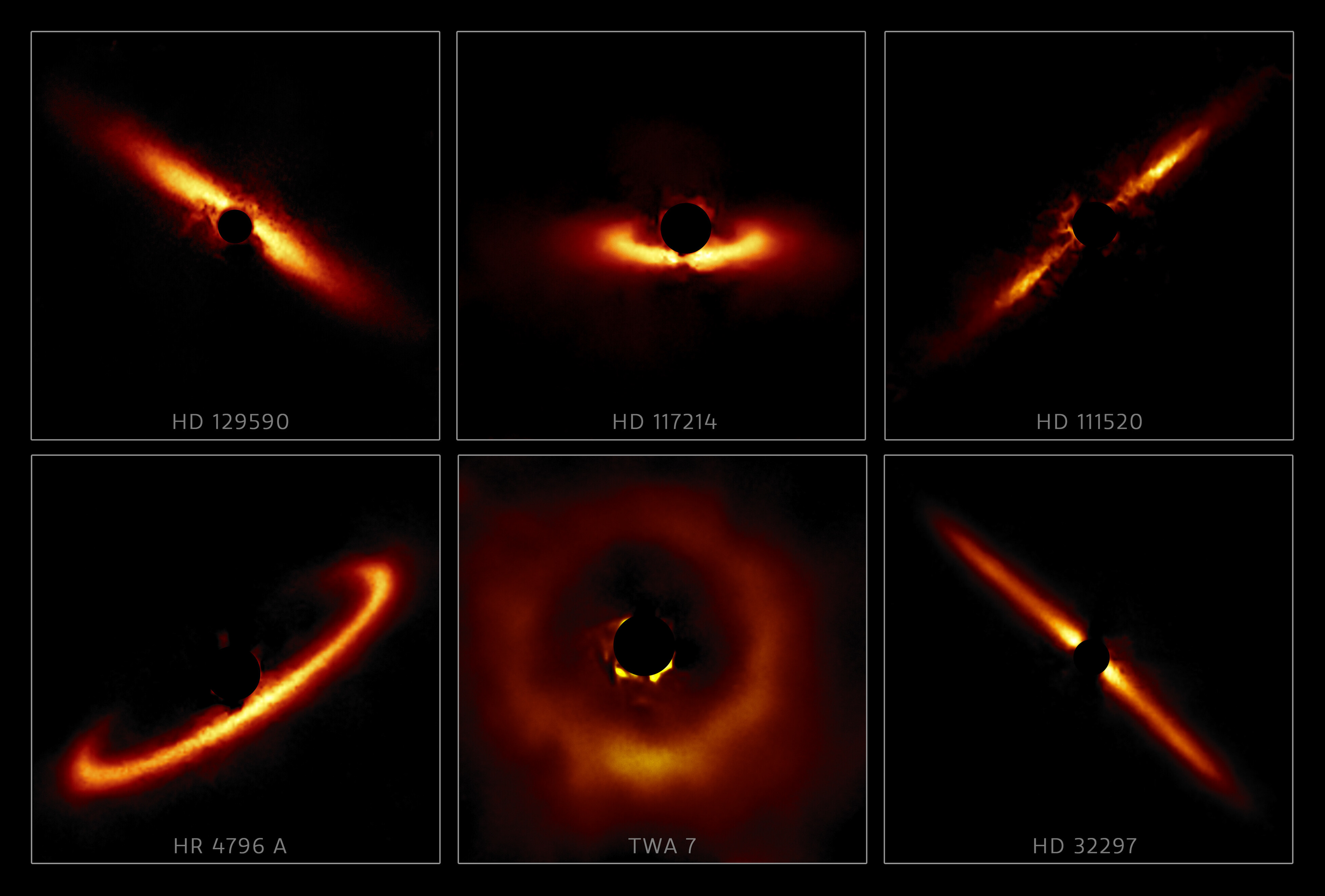 Six circumstellar disks selected from the larger sample of 26 disks obtained with the Gemini South telescope in Chile using the Gemini Planet Imager (GPI). These images highlight the diversity of shapes and sizes that these disks can take and show the outer reaches of star systems in their formative years.  Credit: International Gemini Observatory/NOIRLab/NSF/AURA/T. Esposito (UC Berkeley) Image processing: Travis Rector (University of Alaska Anchorage), Mahdi Zamani & Davide de Martin
