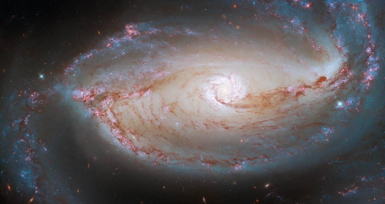 This finely detailed image shows the heart of NGC 1097, a barred spiral galaxy that lies about 48 million light-years from Earth in the constellation Fornax. This picture reveals the intricacy of the web of stars and dust at NGC 1097’s centre, with the long tendrils of dust picked out in a dark red hue. The extent to which the galaxy’s structure is revealed is thanks to two instruments on the NASA/ESA Hubble Space Telescope: the Wide Field Camera 3  (WFC3) and the Advanced Camera for Surveys  (ACS).  The idea that a single image can be taken using two different cameras is not very intuitive. However, it makes far more sense after delving into how beautiful astronomical images like this one are composed. A helpful starting point is to consider what colour is, exactly. Our eyes can detect light waves at optical wavelengths between roughly 380 and 750 nanometres, using three types of receptors, each of which is sensitive to just a slice of that range. Our brain interprets these specific wavelengths as colours. By contrast, a telescope camera like the WFC3 or ACS is sensitive to a single, broad range of wavelengths to maximise the amount of light collected. Raw images from telescopes are always in greyscale, only showing the amount of the light captured across all those wavelengths.  Colour images from telescopes are indirectly possible, however, with the help of filters. By sliding a filter over the aperture of an instrument like the WFC3 or ACS, only light from a very specific wavelength range is let through — one such filter used in this image is for green light around 555 nanometres. This yields a greyscale image showing only the amount of light with that wavelength. This multicolour image of NGC 1097 is composed of images using seven different filters in total.   Credit: ESA/Hubble & NASA, D. Sand, K. Sheth