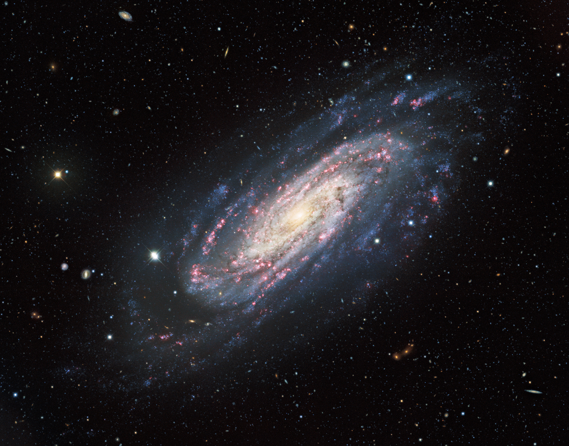 This stunning image features NGC 3198, a galaxy that lies about 47 million light-years away in the constellation Ursa Major. This image was taken with the Mosaic instrument on the 4-meter Nicholas U. Mayall Telescope at Kitt Peak National Observatory, a Program of NSF’s NOIRLab, and shows the full extent of the galaxy, from the bright central bulge to the tenuous outer reaches of the tightly-wound spiral arms. Almost all the objects lurking in the background are galaxies or galaxy clusters — a sea of distant galaxies of all shapes, sizes, and orientations.  Accurately measuring the distance to an astronomical object — everything from our own Sun to galaxies such as NGC 3198 — is an age-old challenge for astronomers, and requires a combination of measurements and methods. The galaxy at the heart of this image has played a part in this astronomical undertaking by allowing astronomers to calibrate astronomical distance measurements based on a type of variable star known as a Cepheid variable.  Credit: KPNO/NOIRLab/NSF/AURA.   Acknowledgments: PI: M T. Patterson (New Mexico State University) Image processing: Travis Rector (University of Alaska Anchorage), Mahdi Zamani & Davide de Martin