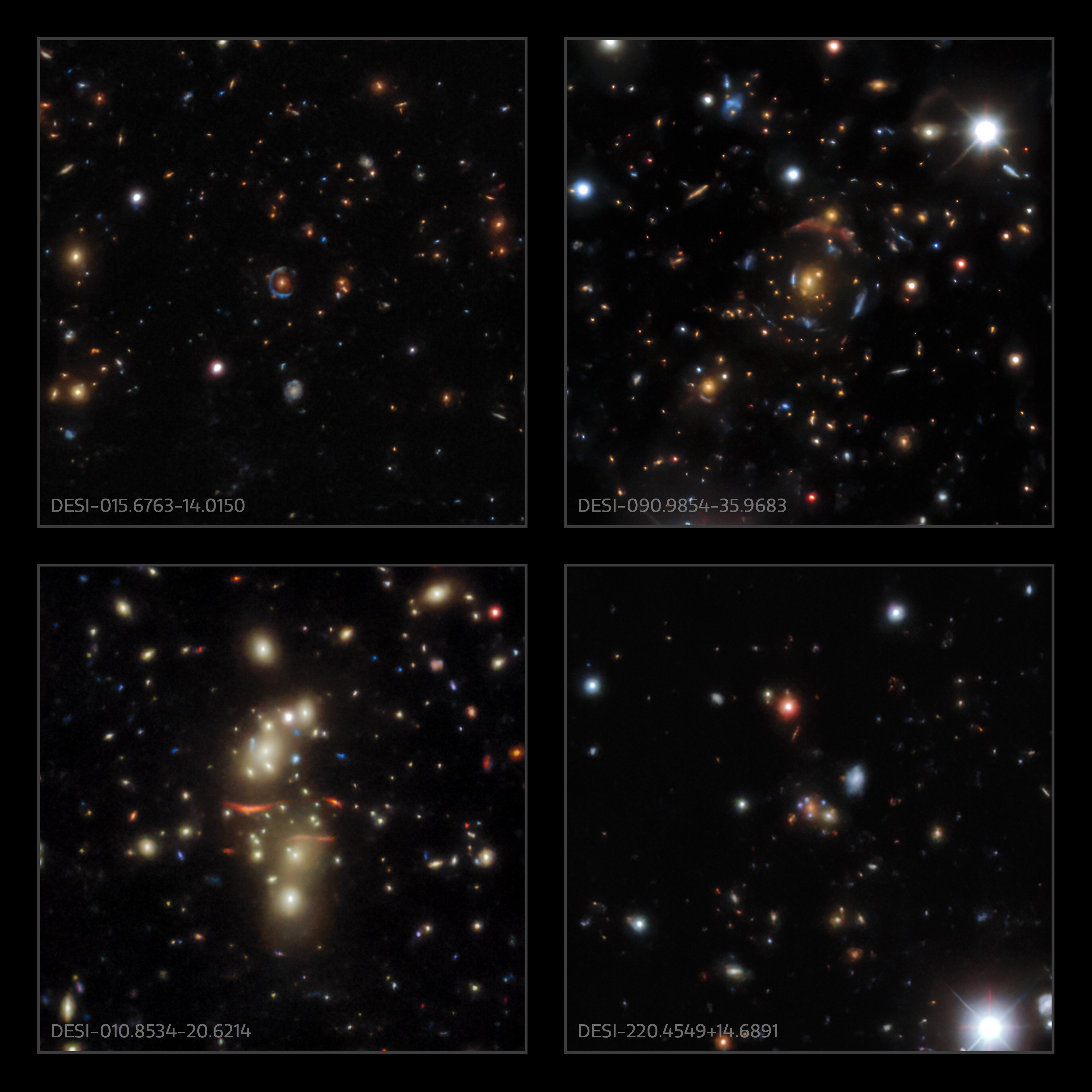 xamples of gravitational lenses found in the DESI Legacy Survey data.  Credit: DESI Legacy Imaging Surveys/LBNL/DOE & KPNO/CTIO/NOIRLab/NSF/AURA