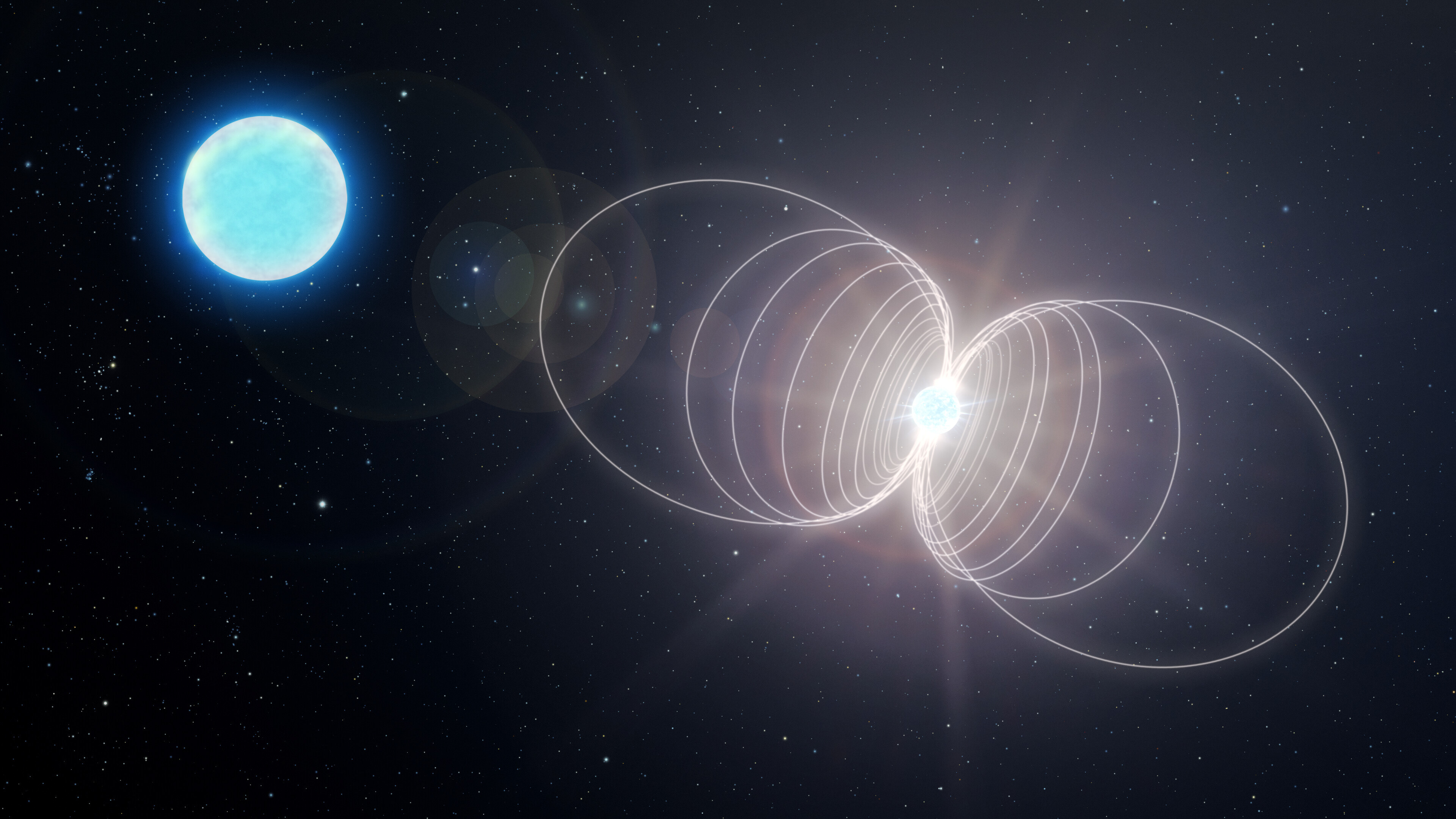 This artist's impression illustrates the ultimate fate of HD 45166 after its core has collapsed, resulting in a neutron star with a magnetic field of around 100 trillion gauss — the most powerful type of magnet in the Universe. / Credit: NOIRLab/AURA/NSF/P. Marenfeld/Mahdi Zamani