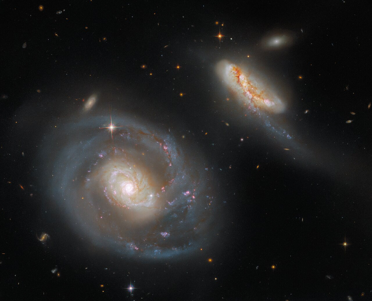 This striking image from the NASA/ESA Hubble Space Telescope showcases Arp 298, a stunning pair of interacting galaxies. Arp 298 — which comprises the two galaxies NGC 7469 and IC 5283 — lies roughly 200 million light-years from Earth in the constellation Pegasus. The larger of the two galaxies pictured here is the barred spiral galaxy NGC 7469, and IC 5283 is its diminutive companion. NGC 7469 is also host to an active, supermassive black hole and a bright ring of star clusters.  The “Arp” in this galaxy pair’s name signifies that they are listed in the Atlas of Peculiar Galaxies compiled by the astronomer Halton Arp. The Atlas of Peculiar Galaxies is a rogues’ gallery of weird and wonderful galaxies containing peculiar structures, featuring galaxies exhibiting everything from segmented spiral arms to concentric rings. This interacting galaxy pair is a familiar sight for Hubble — a portrait of the merging galaxies in Arp 298 was published in 2008.  This image of Arp 298 contains data from three separate Hubble proposals. By combining observations from three proposals, Arp 298 is captured in glorious detail in seven different filters from two of Hubble’s instruments — the Wide Field Camera 3 and the Advanced Camera for Surveys.  The process of planning Hubble observations starts with a proposal — a detailed plan of what an astronomer intends to observe and their scientific motivation for doing so. Once a year, these proposals are gathered and judged in a gruelling review process which assess their scientific merit and feasibility. Fewer than 20% of the proposed observations in any given year will make it through this process and be approved, which makes observing time with Hubble highly prized indeed.  This system will be one of the first galaxies observed with the NASA/ESA/CSA James Webb Space Telescope as part of the Director's Discretionary Early Release Science Programs in Summer 2022.  Credit: ESA/Hubble & NASA, A. Evans, R. Chandar